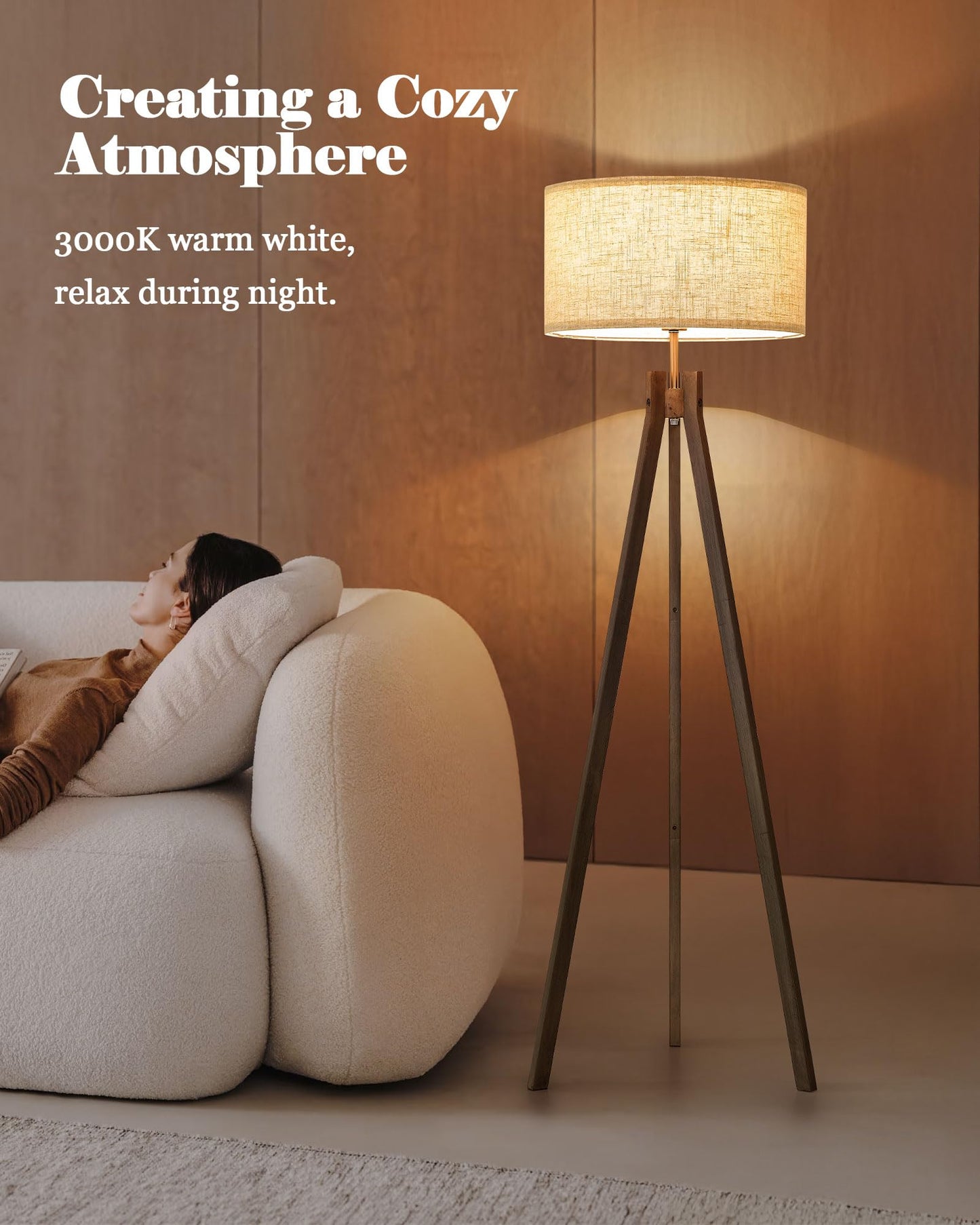 ELYONA Farmhouse Wood Tripod Floor Lamp, Modern Reading Standing Lamp with 3 Color Temperatures LED Blub & Nature Linen Shade, Night Light for Living Room, Bedroom, Study Room, Office, Grey