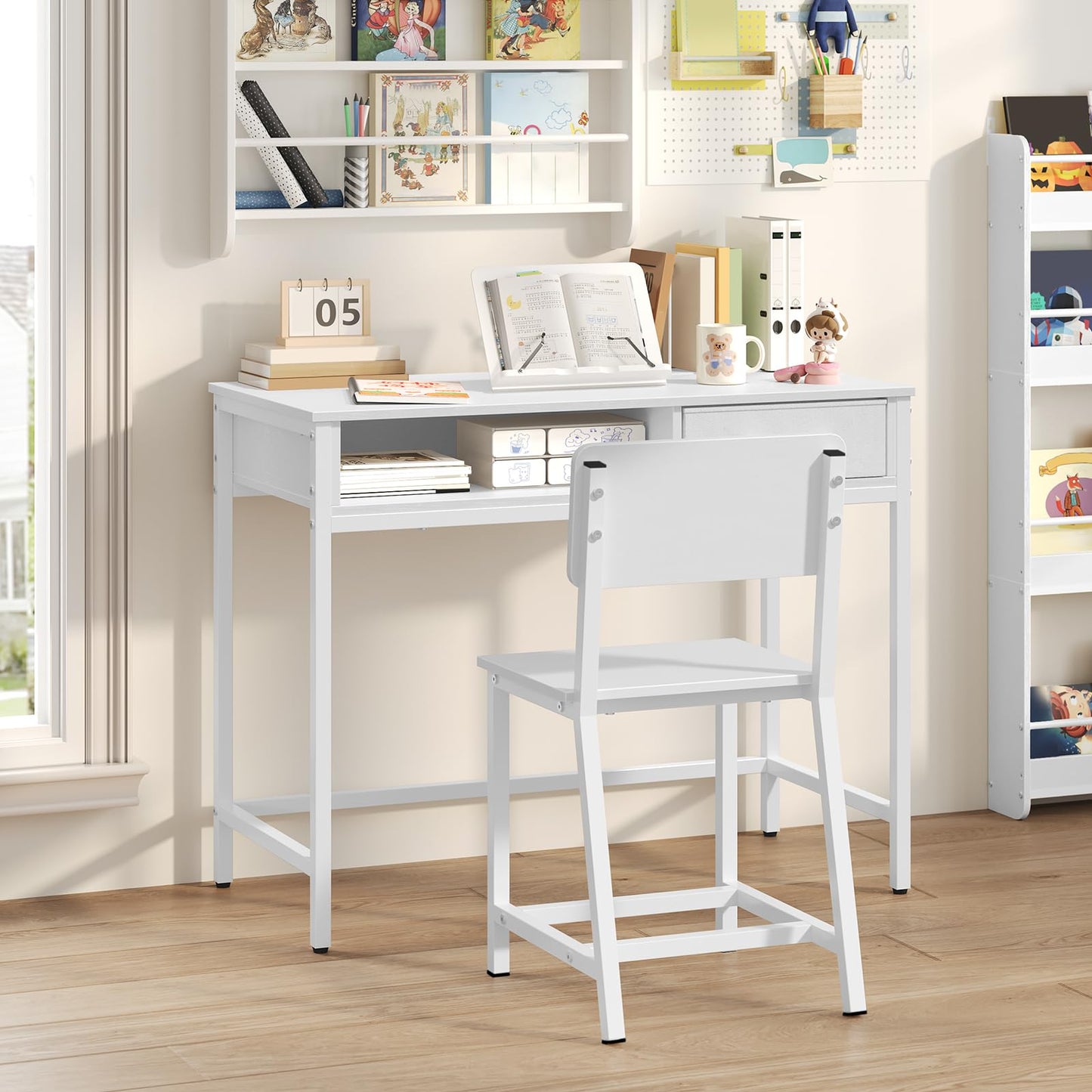 MAHANCRIS Kids Desk and Chair Set, Student Writing Desk, Kids Study Desk with Book Sorter and Fabric Drawer, Kids Wooden Study Table, for Study, Kids Room, Bedroom, White KDBW11901N1