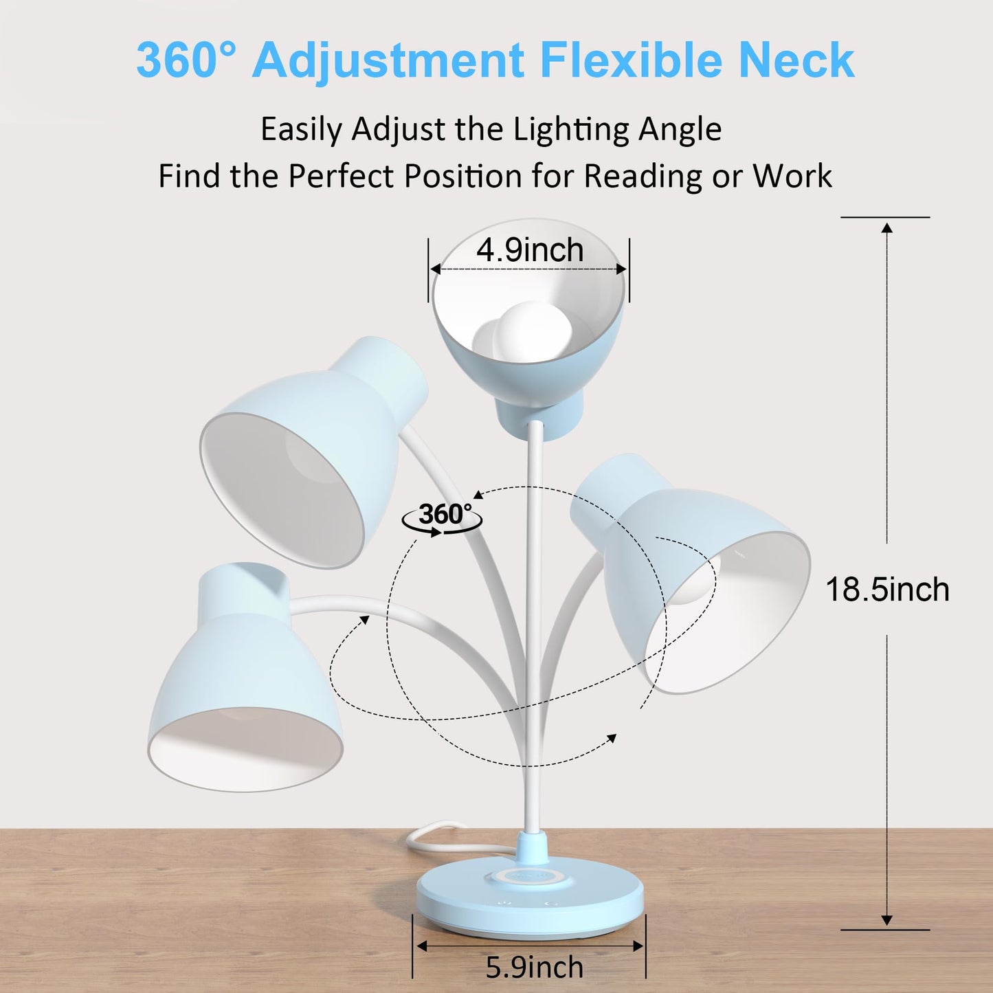 Vicsoon Desk Lamps for Home Office - LED Desk Lamp with Wireless Charger, 3 Color Modes Dimmable Eye-Caring Study Reading Desk Light, Small Flexible Arm Table Lamp for College Dorm Room Bedside, Blue