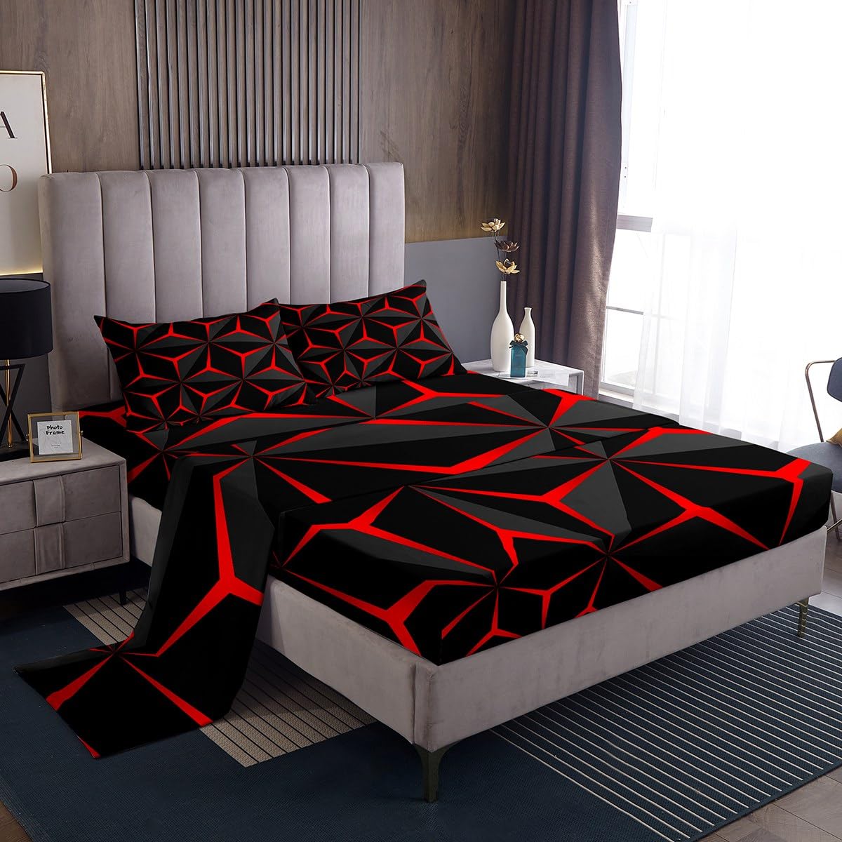 Feelyou Neon Honeycomb Sheet Set Twin Size,Geometric Stereoscopic Theme Teens Boys Bedding Set,Adults Bedroom Decoration 3D Red Print Fitted Sheet All Season