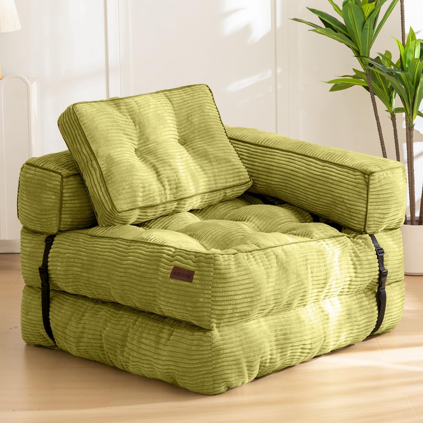 MAXYOYO Folding Sofa Bed, L-Shaped Convertible Sofa with Armrest Foldable Sleeper with Pillow, Portable Fold Out Chair Bed Comfy Floor Lounge for Living Room Bedroom, Green