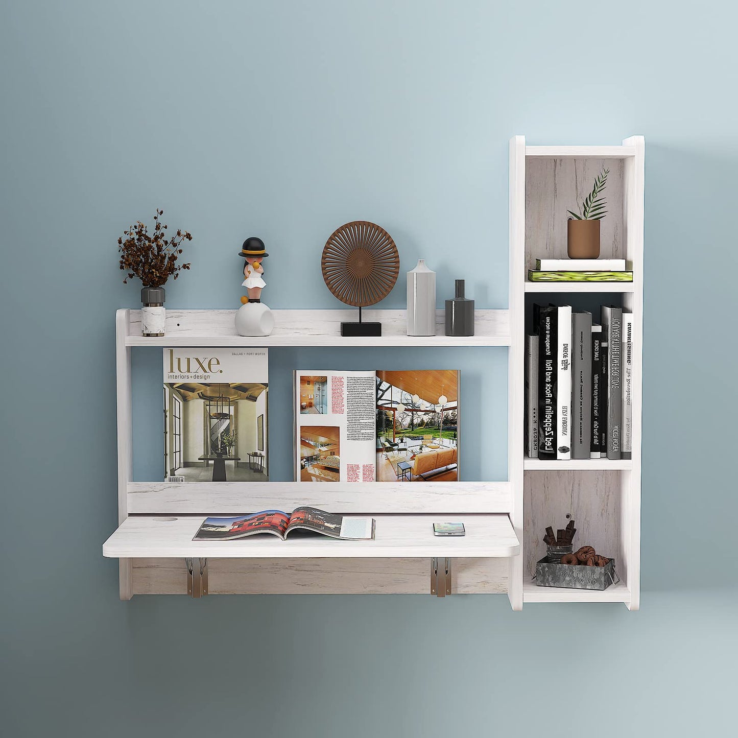 Pmnianhua Floating Desk,41'' Wall Mounted Desk,Fold Down Laptop Desk,Folding Workstation,Space Saving Table with Storage for Bedroom Study Room Small Space (Off White-Left)