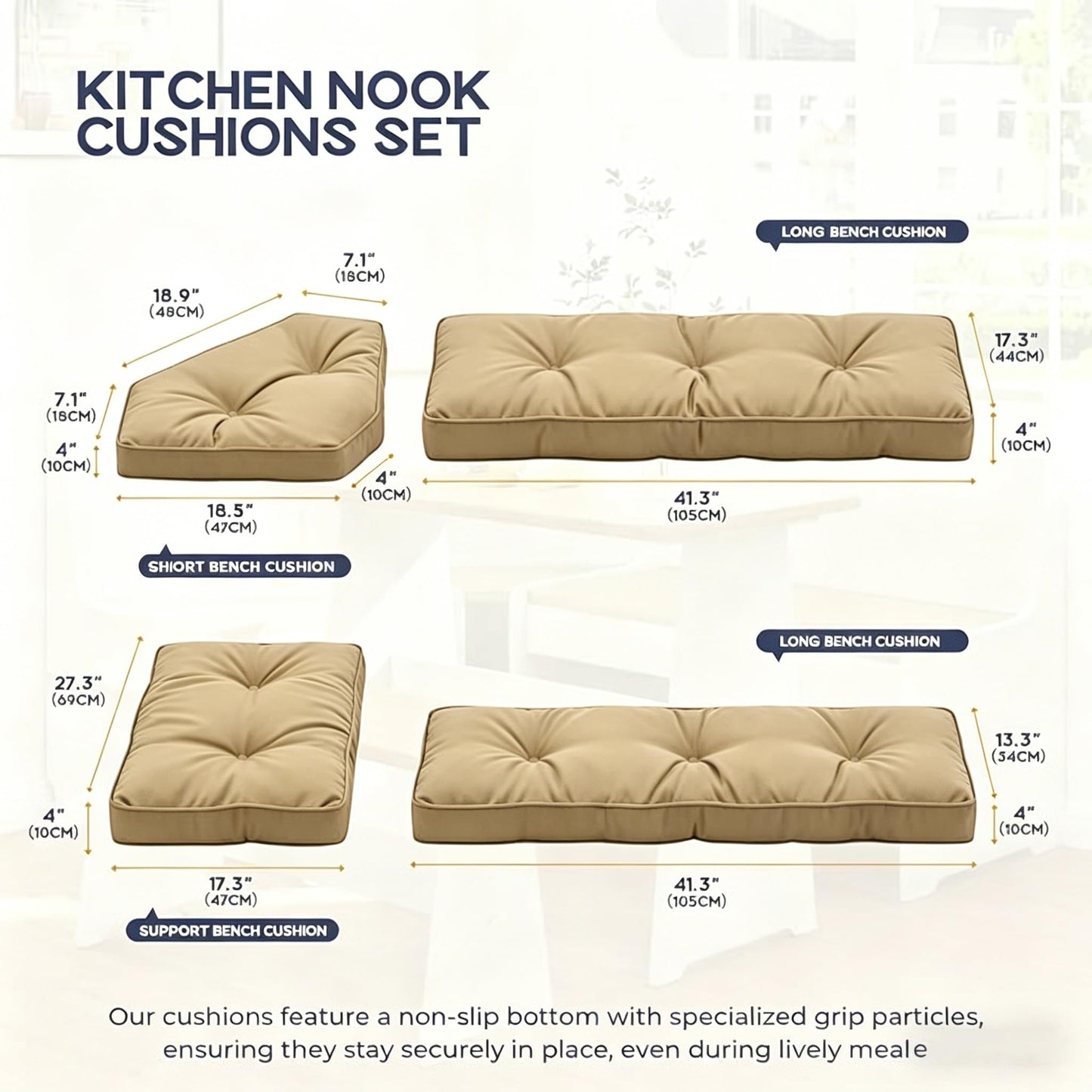 CTLAMK Breakfast Nook Cushions Set of 4, Waterproof Oxford Fabric Kitchen Nooks Cushions, Soft Polyester Filling Cozy Supportive Nooks Cushion, Breakfast Nook Cushion Cozy Dining Area Seating,Khaki