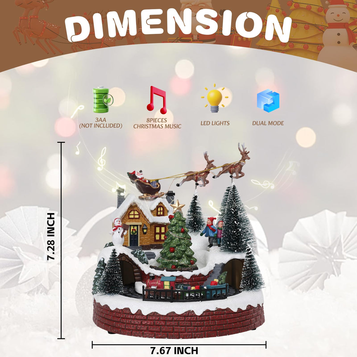 Vipush Christmas Village House Decorations Resin Train Set with Flying Santa Home Decor Indoor Building Figurines Revolving Train with LED Light and 8 Christmas Music for Kids