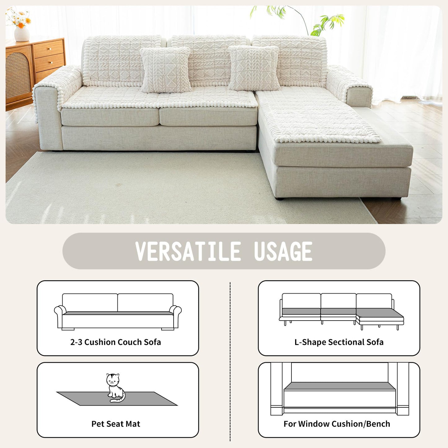 MDSASFD Sofa Pad, Plush Couch Cover Washable for Pet, Non-Slip Warm Couchs Cover, Funny Fuzzy Pet Couch Covers for Sofa, Sofa Slipcovers Furniture Covers for L Shaped(Beige White 27.5"x 82.7")