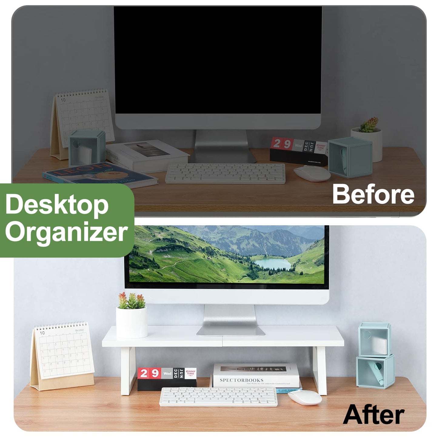 TEAMIX 24 inch Monitor Stand Riser, White Wood & Steel Computer Monitor Stand with Storage, Laptop, PC, Printer Stand Riser for Desktop Office Desk Organizers