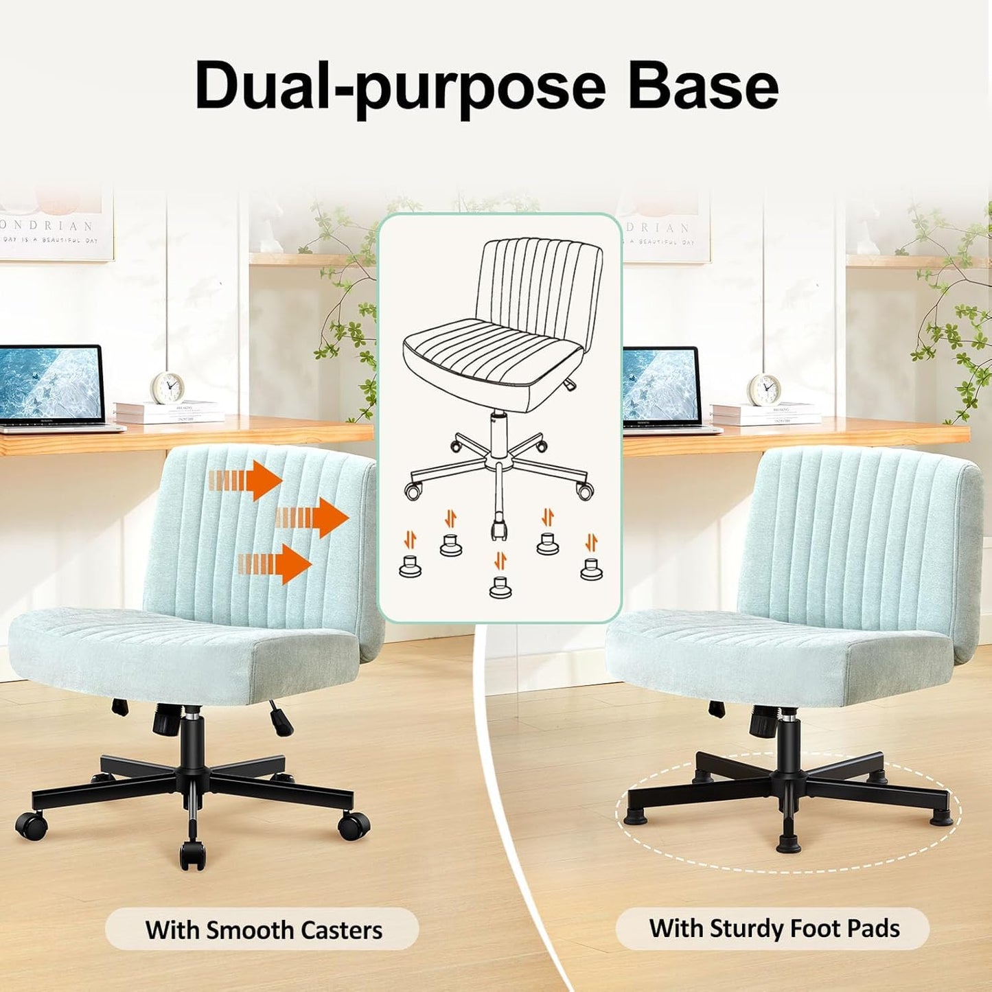 TUKAKA Criss Cross Chair with Wheels,Thick Padded Fabric Cross Legged Office Desk Chair with Pocket Springs Cushion,Dual-Purpose Base,Wide Adjustable Computer Home Office Vanity Chair,Mint Green
