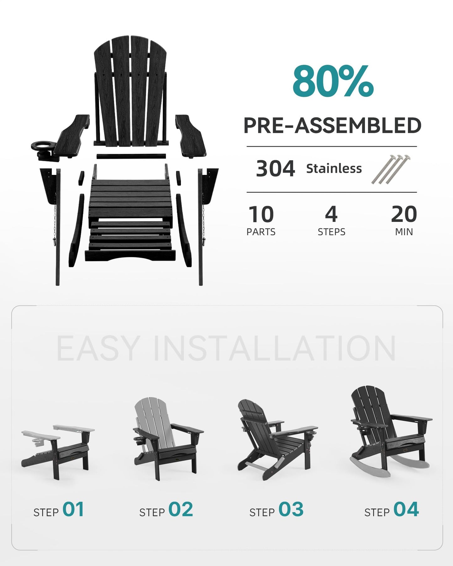 Serique Adjustable Adirondack Rocking Chair with Retractable Ottoman, 4-in-1 Multifunctional Folding Patio Chair with Cup Holder, Outdoor Chair Wood Texture for Lawn, Porch, Backyard, Pool(Black)