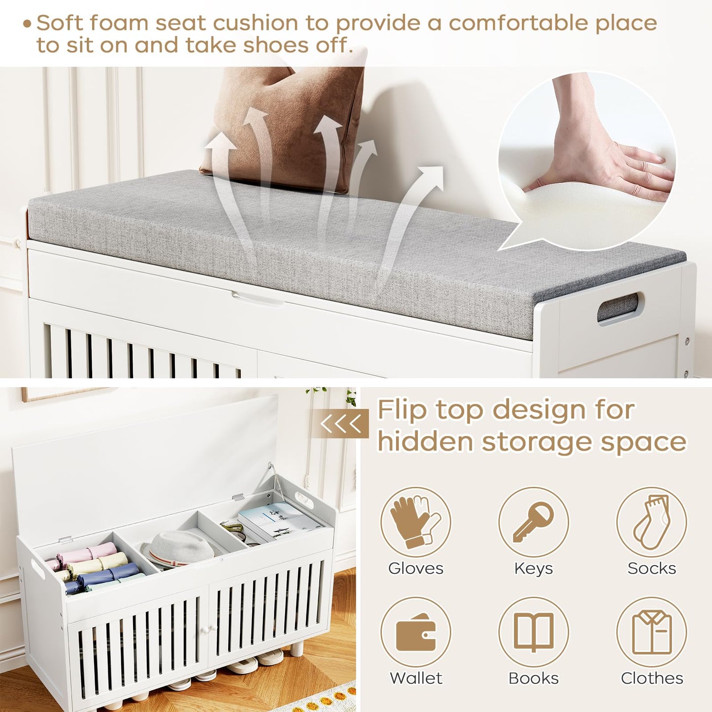 oakvivo 35.4in Shoe Bench with Storage, Bamboo Entryway Bench with Lift Top Hidden Storage & Padded Seat, 2 Doors 2-Tier Narrow Shoe Rack Cabinet Organizer for Hallway Mudroom Bedroom, White