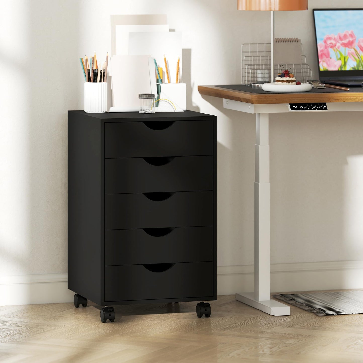 HOMCOM 5 Drawer Mobile File Cabinet, Rolling Printer Stand, Modern Vertical Filing Cabinet for Home Office, Black