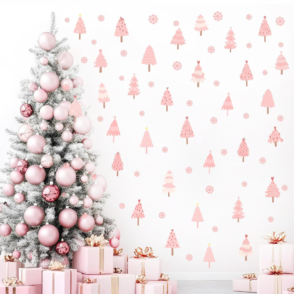 Pink Christmas Tree Wall Decals Merry Christmas Wall Stickers Peel and Stick Xmas Snowflake Sticker for Crafts Decoration Home Indoor Pink Pine Tree Decal for Kids Bedroom Winter Holiday Party Decor