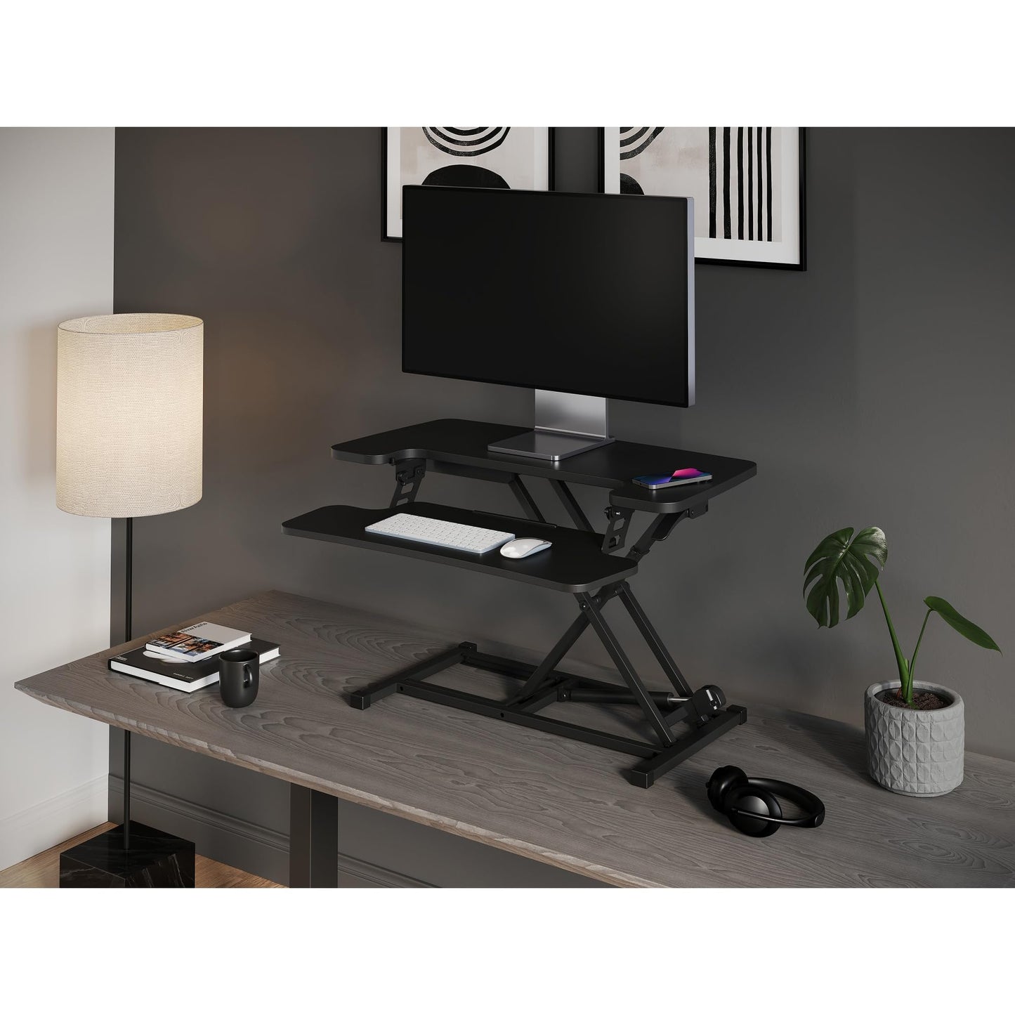 Realspace® P10 Pneumatic Standing Desk Riser Converter with Keyboard Tray, 20"H x 31-1/2"W x 25"D, Black