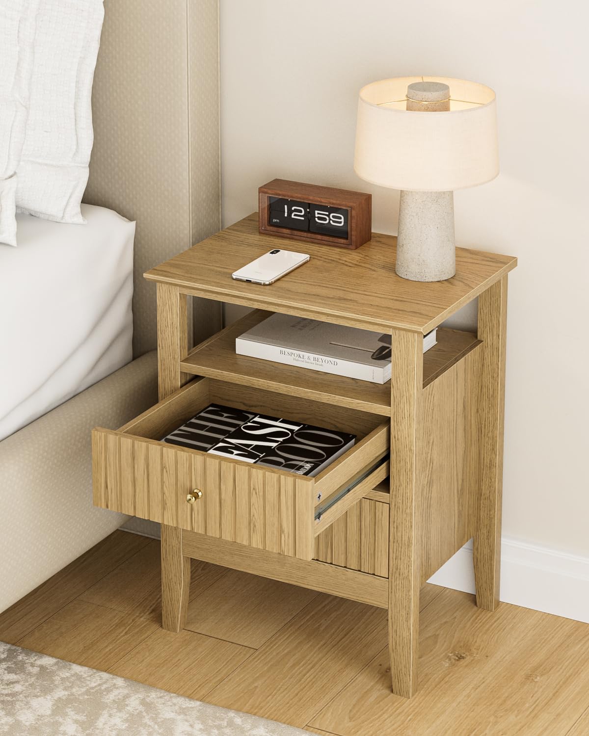 Apetaccat Fluted Nightstand, Farmhouse Night Stand with 2 Drawers, Mid Century Modern Side Accent Table,Bedside End Table for Bedroom, Living Room, Yellow Oak