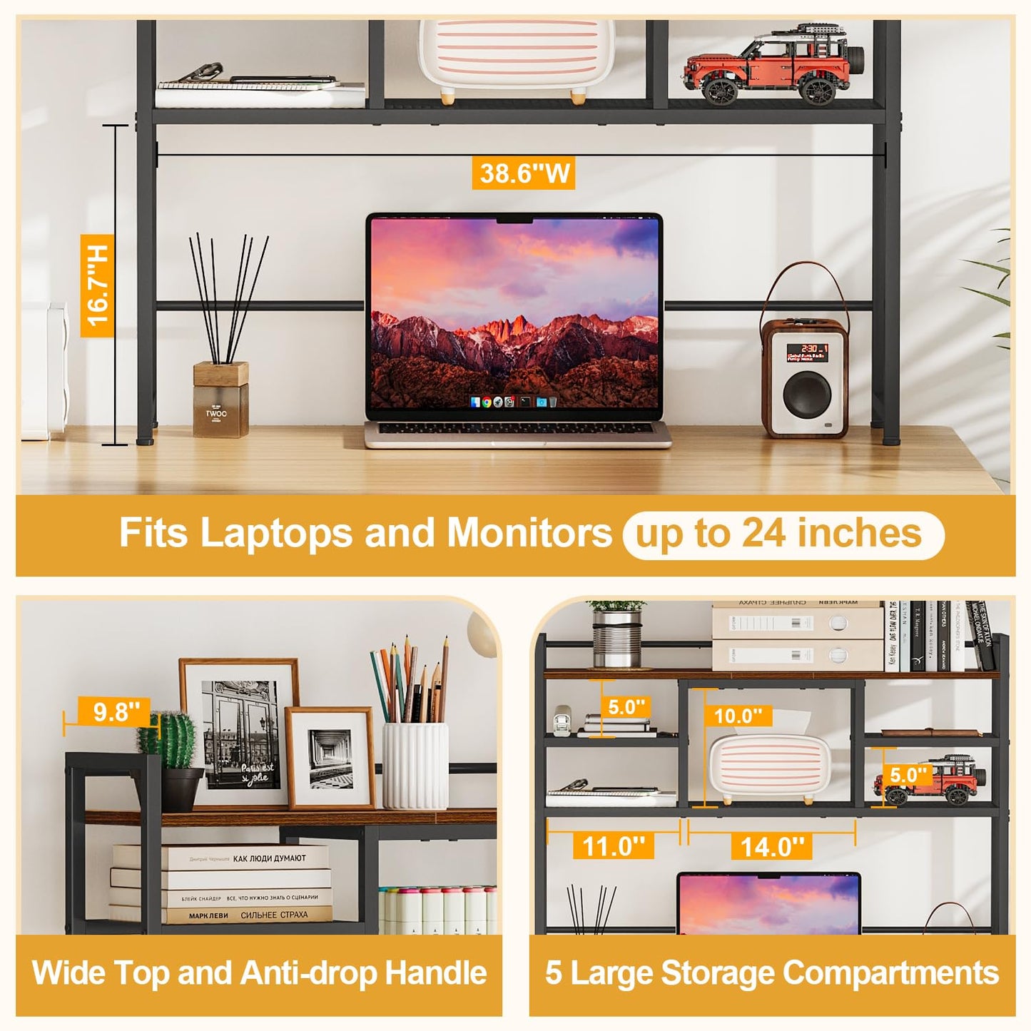 Snughome Desk Shelf, 38.6" Desktop Bookshelf, Desk Hutch Dorm, Countertop Storage Hutch with 5 Shelves for Computer Desk, Multipurpose Wood Desktop Display Organizer Rack for Home Office Dorm