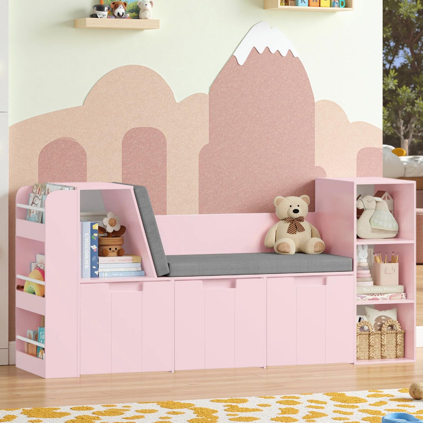 BOTLOG 61.5" Kids Reading Nook with 3-Layer Bookshelf, Reading Nook for Kids with Double Bench and Rolling Drawers, Bookshelf and Toy Storage for Nursery, Playroom, Pink