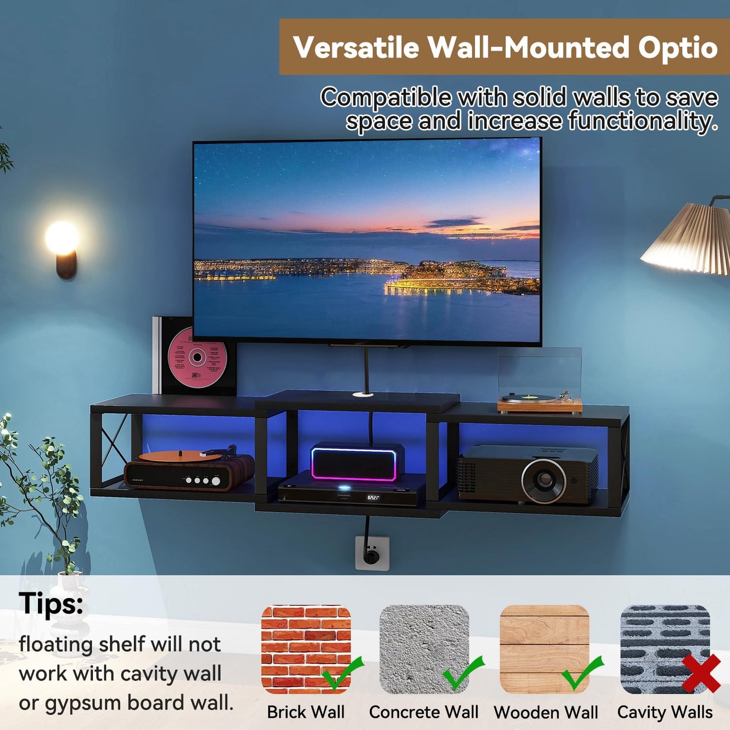 IBUYKE Floating TV Stand with Power Outlet,Wall-Mounted Floating Stand for TVs up to 55",Metal Wall Entertainment Center,Wall Mounted TV Shelf with Storage for Living Room Bedroom,Black UWST011B