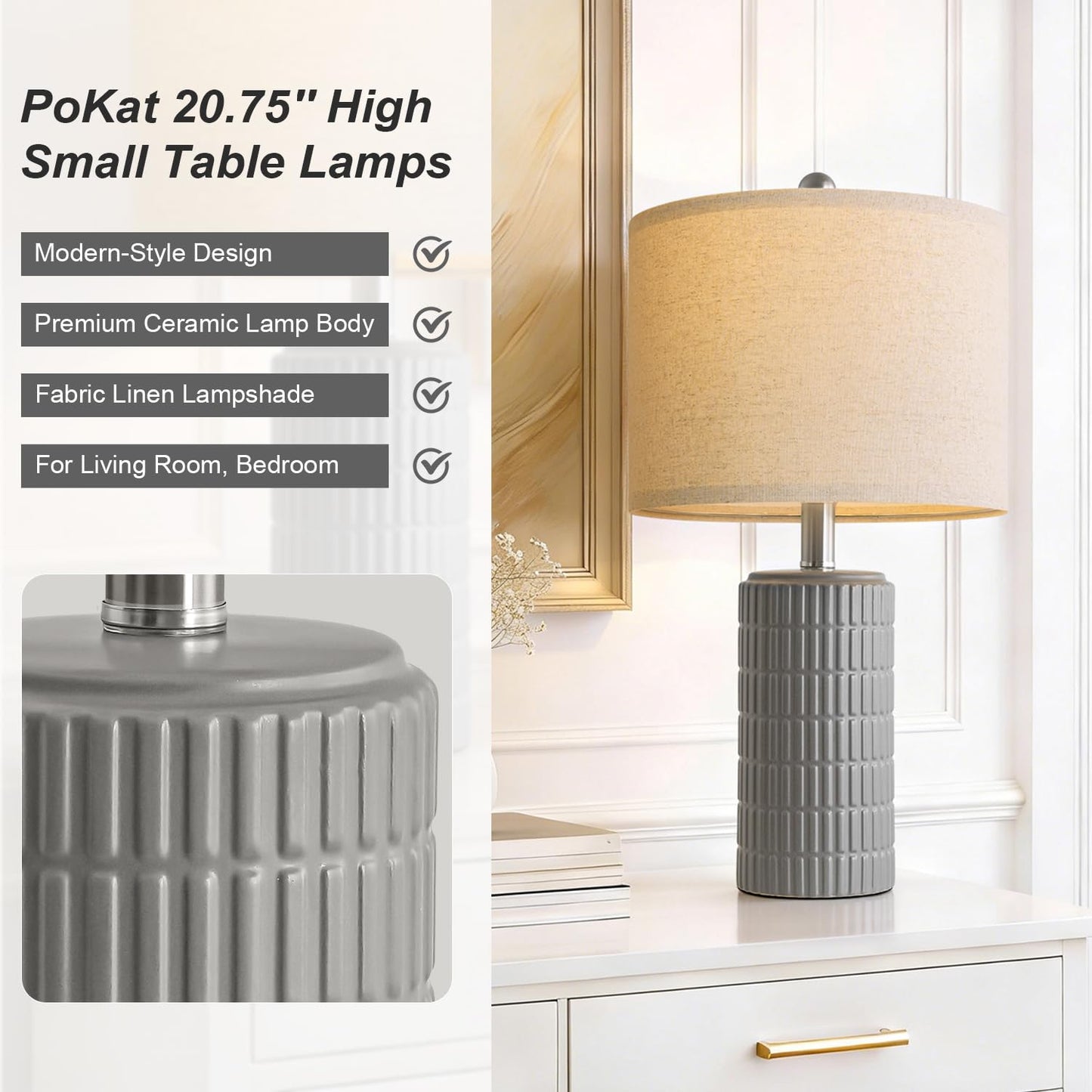 PoKat 20.75'' Ceramic Small Table Lamps for Bedroom, Modern Dark Gray Bedside Lamps Set of 2, Farmhouse Lamps for Living Room with Linen Lampshade for Night Stands Guest Room Side End Table Console