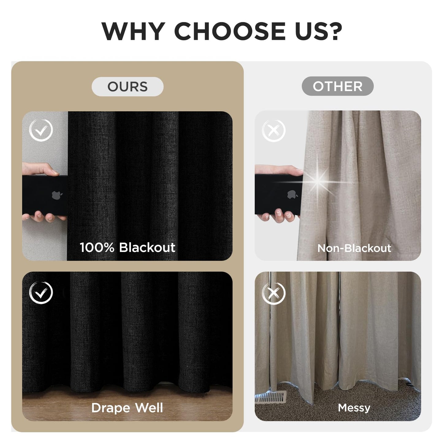 Joydeco Pinch Pleated Curtains - 100% Blackout for Bedroom, Black Linen Curtains 40" W x 90" L, Thermal Insulated 2 Panels Light Blocking Drapes, Back Tabs for Living Room
