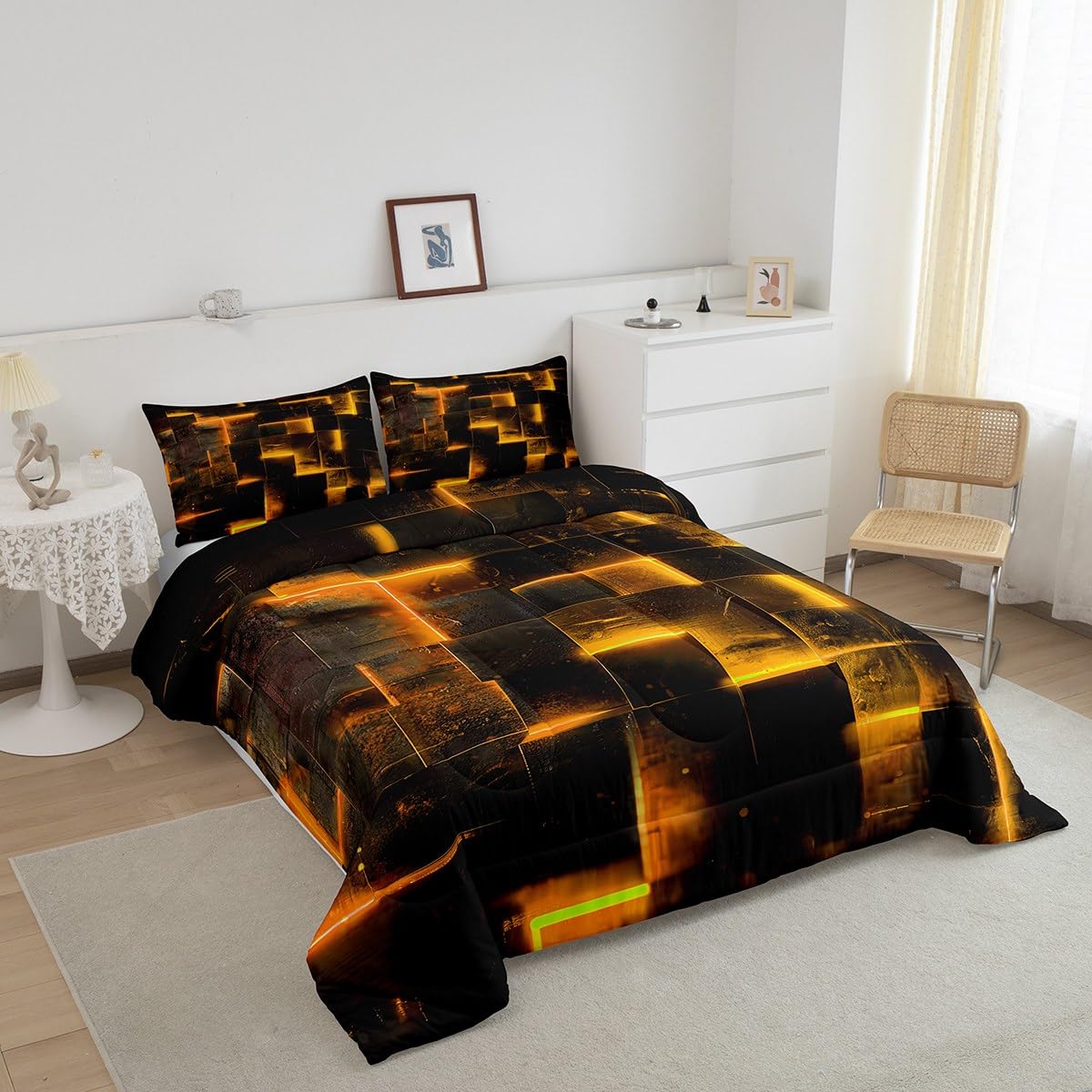 Black Orange Abstract Comforter Twin Gradient Square Twin Bedding Set, Geometric Grid Down Comforter Neon Checkered Bed Set Glowing Plaid Quilted Duvet 3D Modern Bedroom Decor 2pcs (Black Reversible)