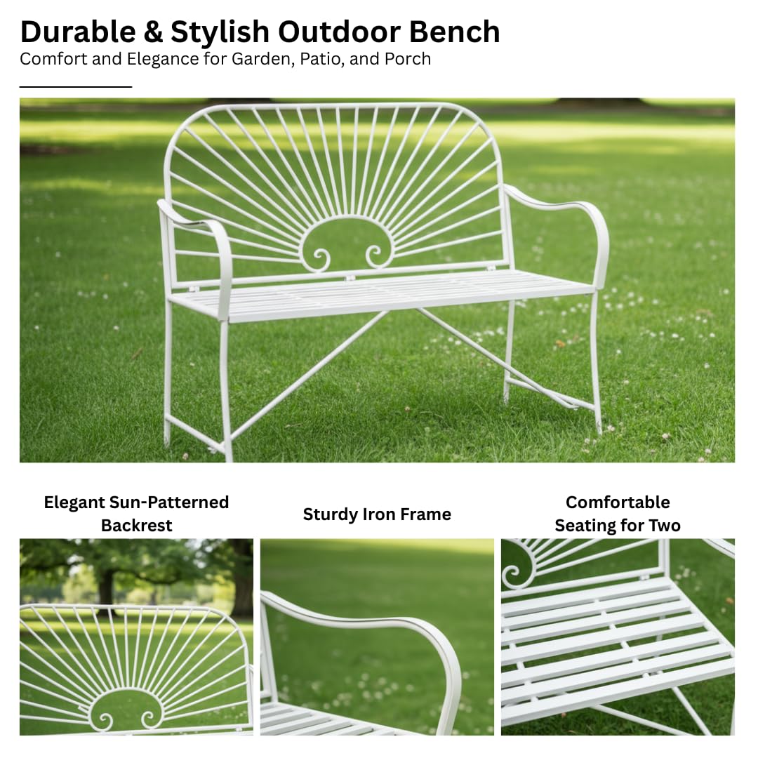 XBrand 44" L Iron Sun-Patterned Seat for Two, Patio & Porch Furniture for Park, Yard, Lawn, Balcony, Backyard – White