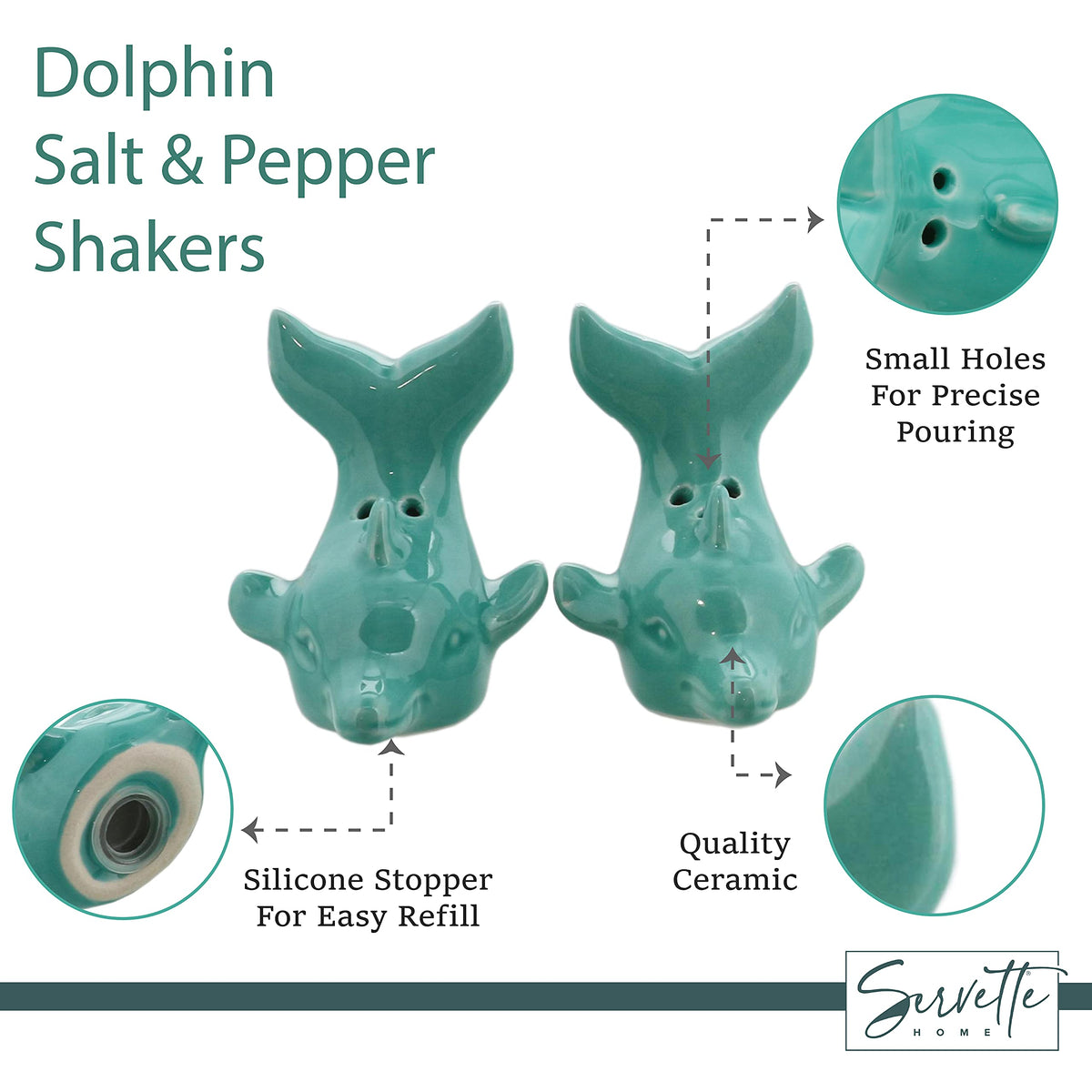 Ceramic Salt & Pepper Shakers Novelty Kitchen Décor - Green Dolphin