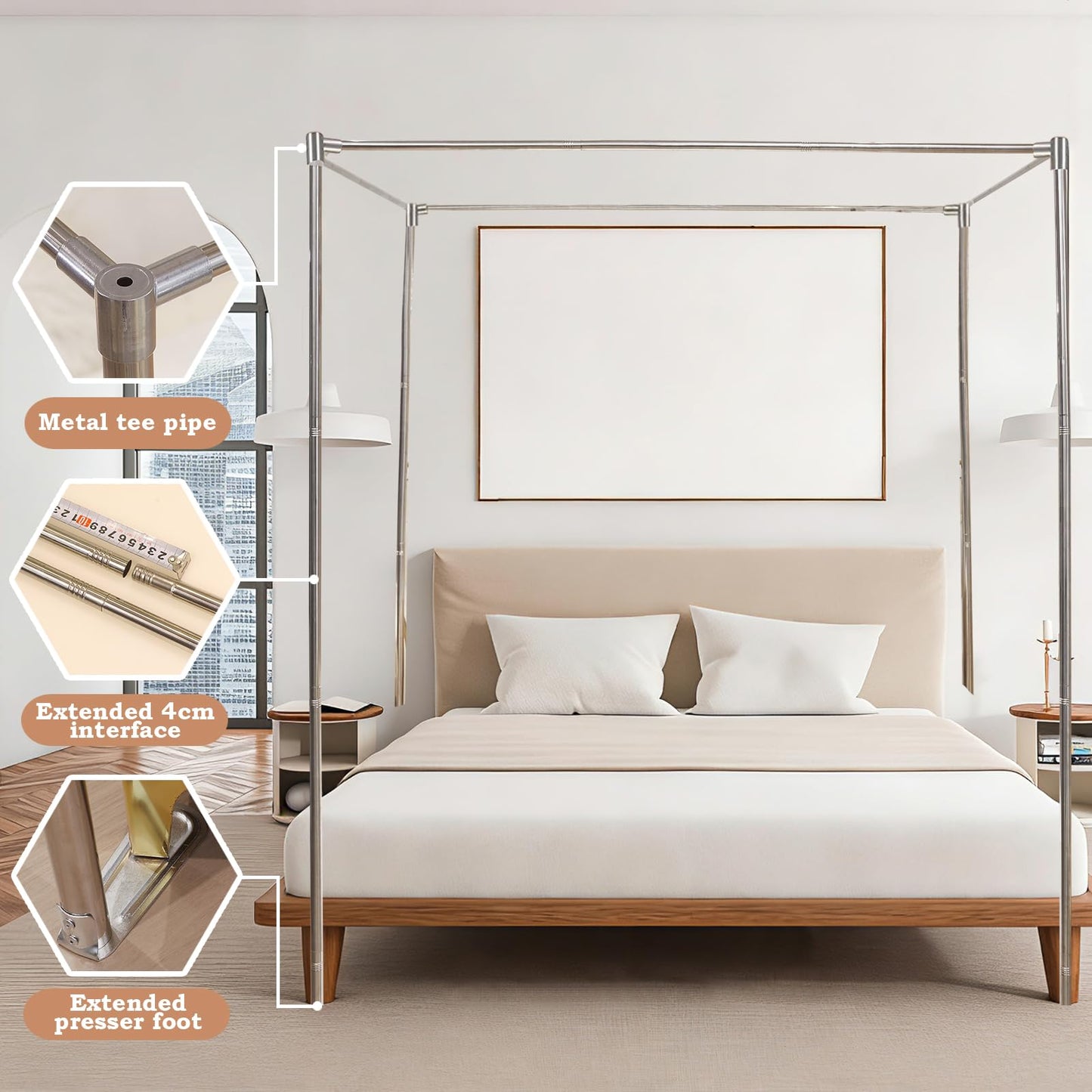 Hosercap Canopy Bed Frame Queen Size, Stainless Steel Metal Bed Post Poles, Heavy Duty 4 Poster Floor Bedframe, Freestanding Easy Assemble