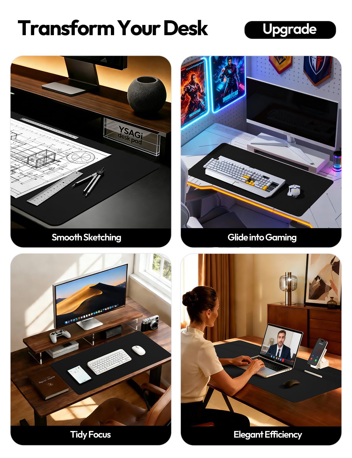 YSAGi Leather Desk Protector, Office Mat, Large Mouse Mat, Non-Slip PU Leather Blotter, Laptop Desk Pad, Waterproof Writing Pad for Office and Home (Black, 47.2" x 23.6")