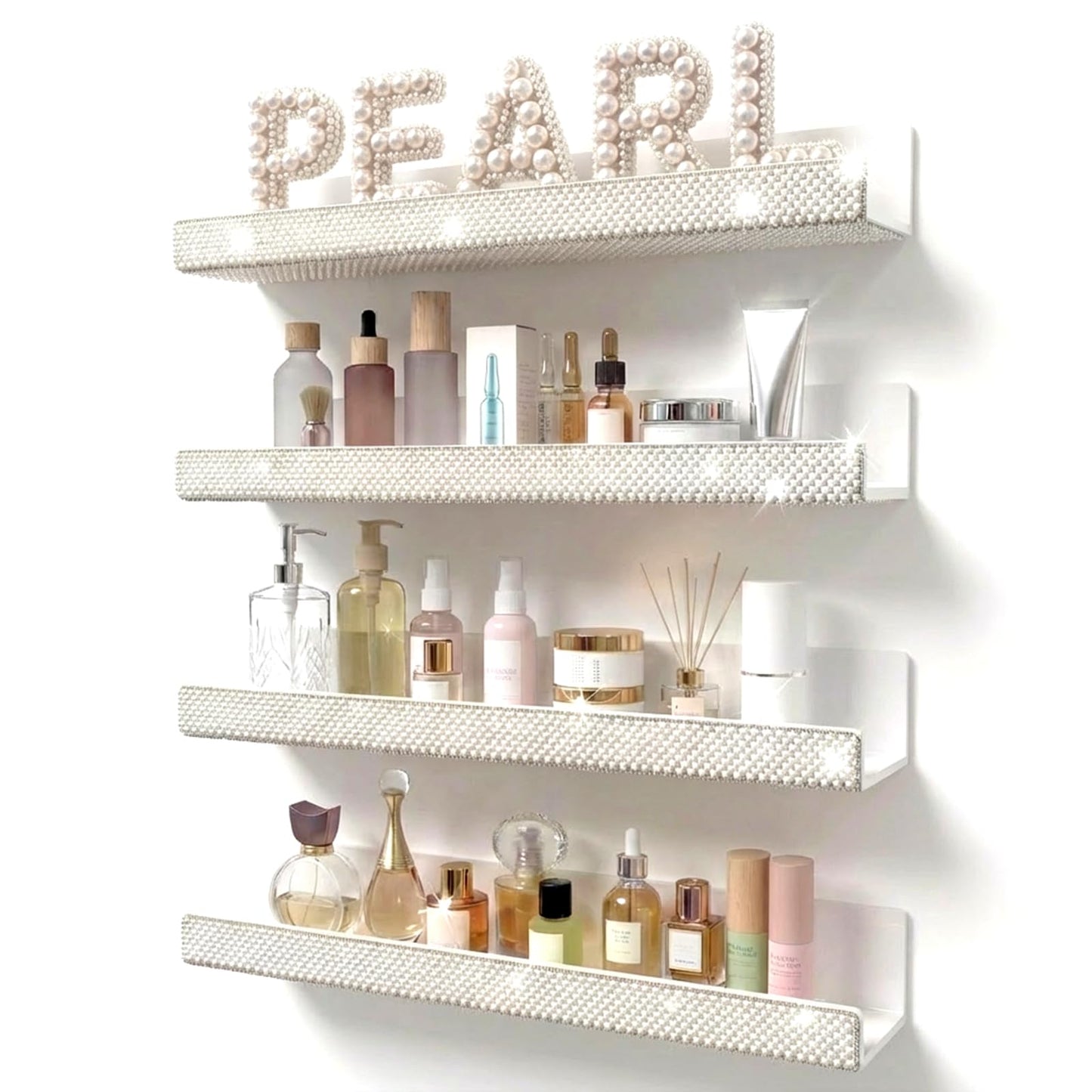 4 Pack 15 Inch Nail Polish Wall Rack，Pearls Crystal Rhinestone Acrylic Nail Polish Organizer，Sunglasses Essential Oil Picture Display Storage Wall Shelf