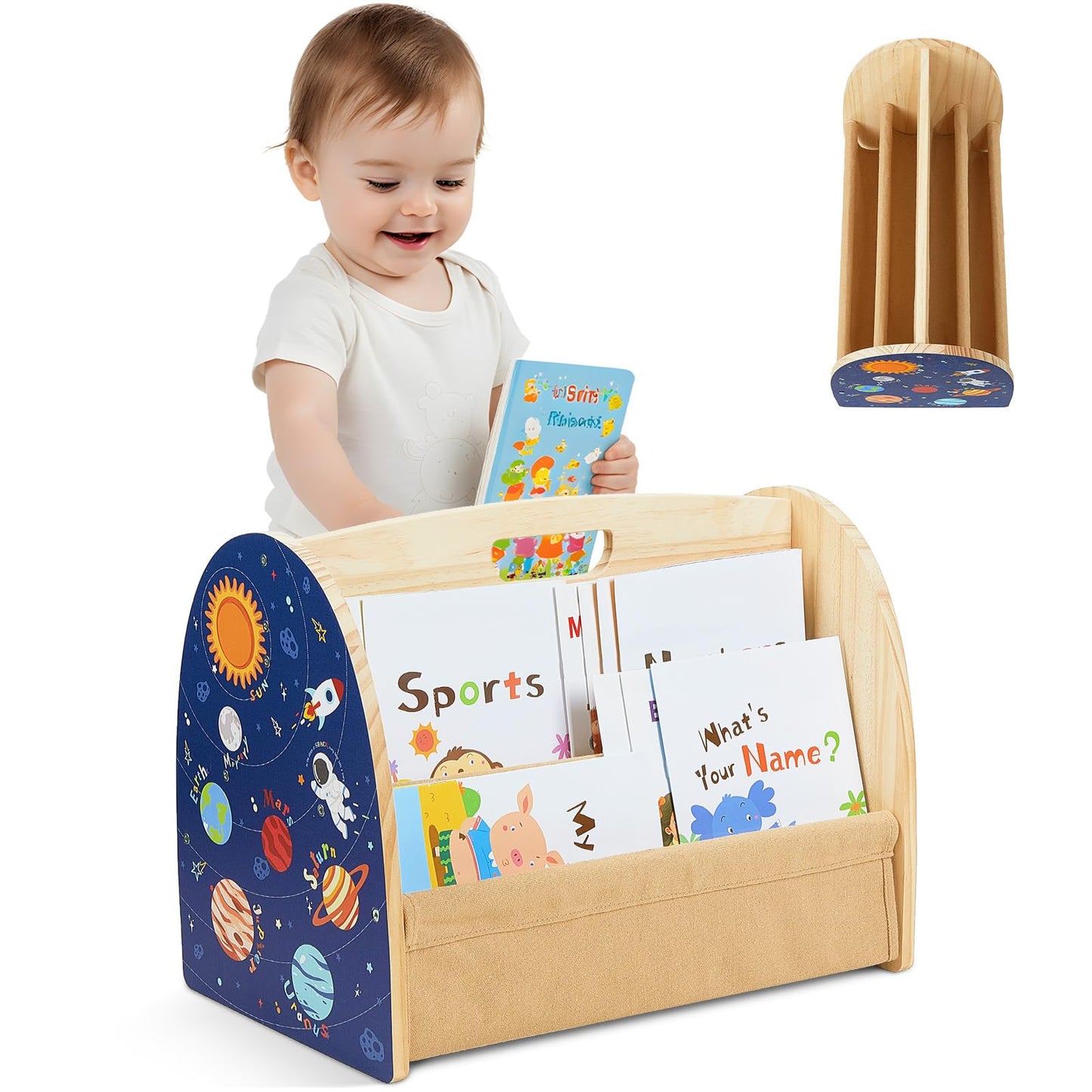 SheSeek Toddler Bookshelf Double-Sided with 4 Tier Deep Sleeves Kids Wooden Montessori Book Rack for Baby Nursery Room, Playroom, Classroom or Bedroom Bookcase Storage Organizer, Blue Astronaut