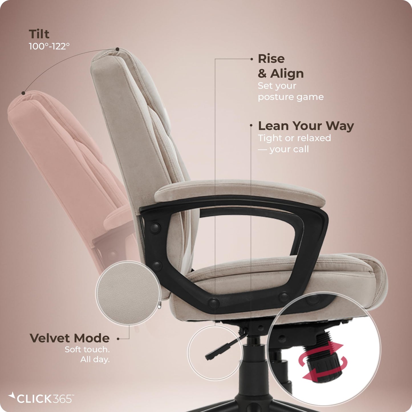 Click365 Transform 1.0 Ergonomic Office Chair, Mid Back Desk Chair with Padded Arms, Lumbar Support, Adjustable Height, Tilt Recline, Swivel Computer Chair, Fabric, Beige