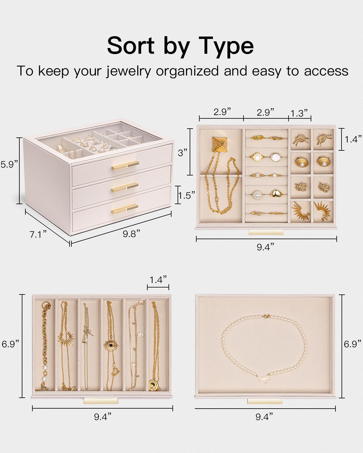 VLANDO Jewelry Box for Women, Glass Lid Jewelry Organizer with 3 Drawers for Necklaces Rings Earrings Bracelets - Light Pink