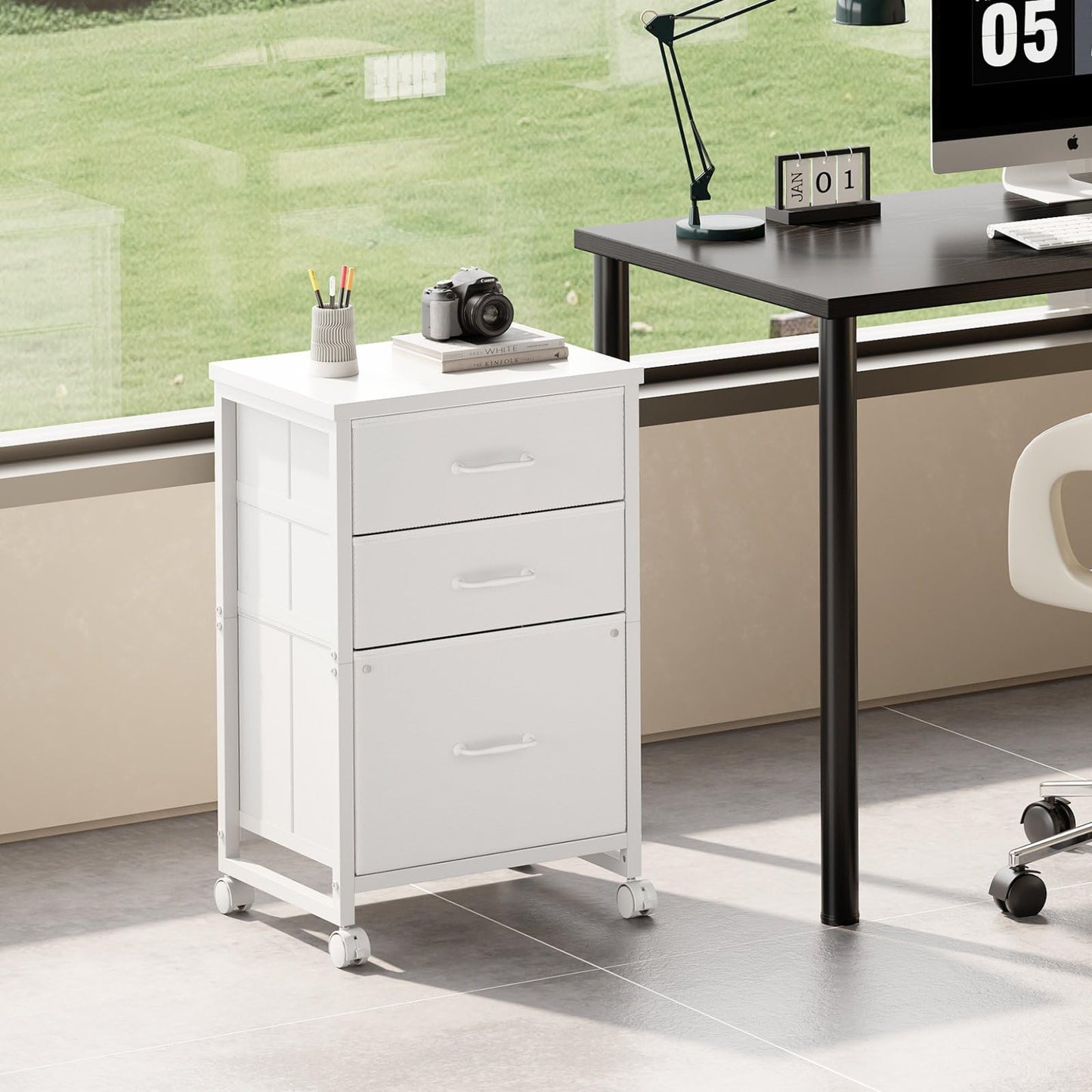 Maihail 3 Drawer Mobile File Cabinet with Wheels Fabric Vertical Filing Cabinet fits A4 or Letter Size for Home Office,White