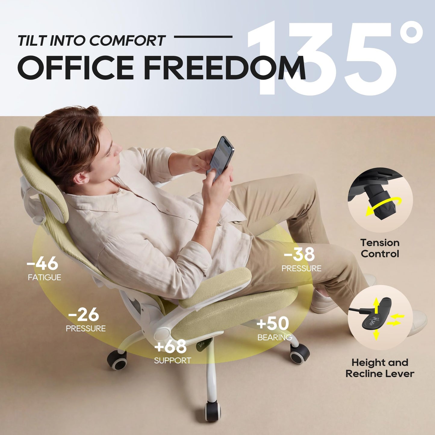 Ergonomic Office Chair for Long Hours, Relieve Back Pressure, Stay Comfortable & Focused All Day, 330LBS Capacity, Ideal for Home Office, Office & Study