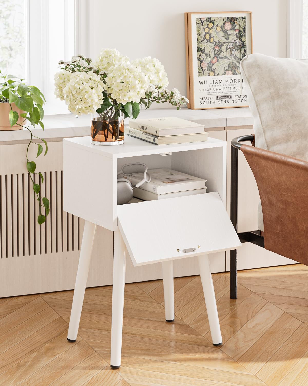 ASACESCU Night Stand, White Nightstand with Fluted Door, Small Modern Mid-Century Bedside Table for Bedroom, End Table for Living Room