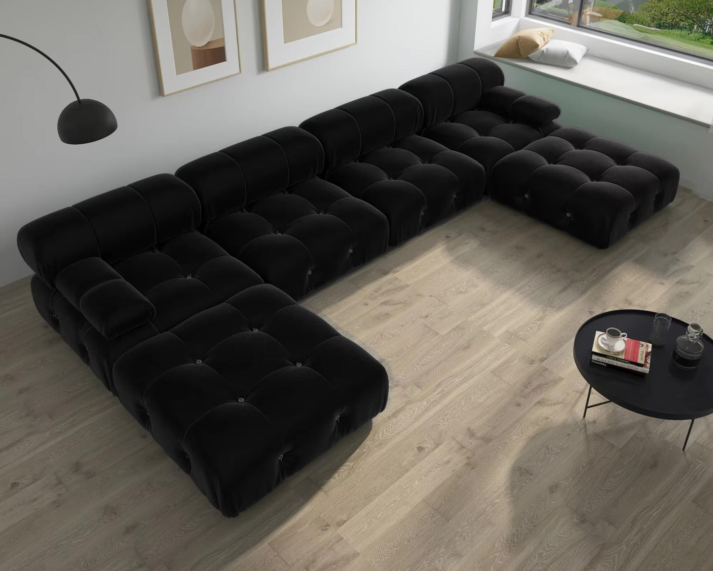 DUYHBAWRS Luxury 6-Seat Couch Modern Sectional Sofas Living Room U-Shaped Minimalist Velvet Fabric Large Beige Sofa Couches Chaise Ottomans for Household，Business，Parlour，Lobby, Reception Room(Black)