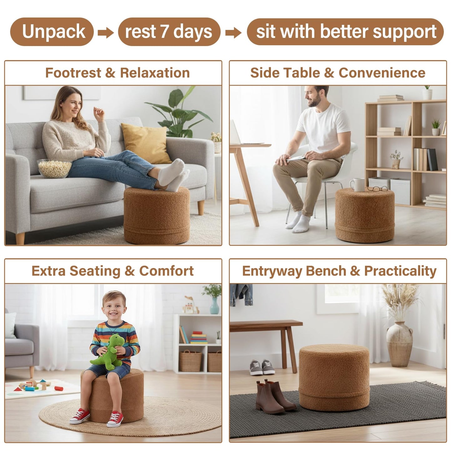 Tiita Pouf Ottoman and Foot Rest, Round Foam Stuffed Floor Pouf with Storag for Living Room, Brown