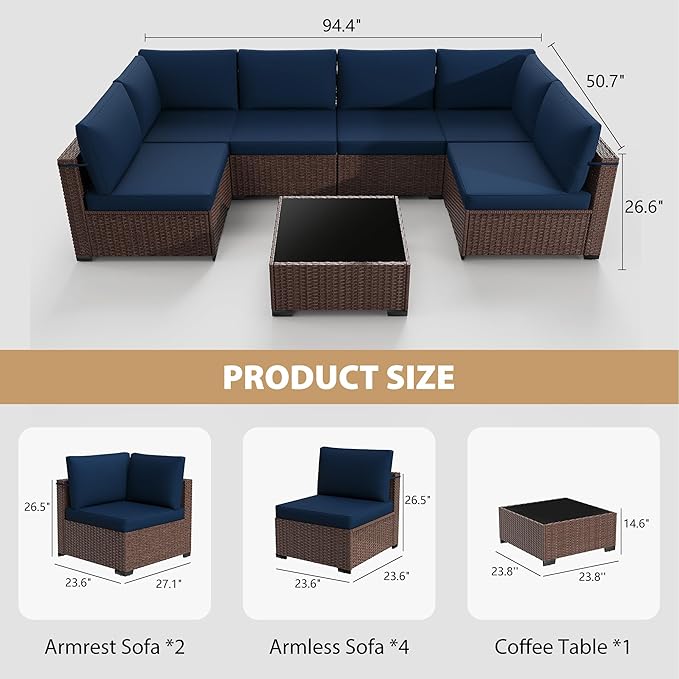 KIGOTY 7-Piece Patio Furniture Set, All-Weather PE Rattan Outdoor Sectional Sofa