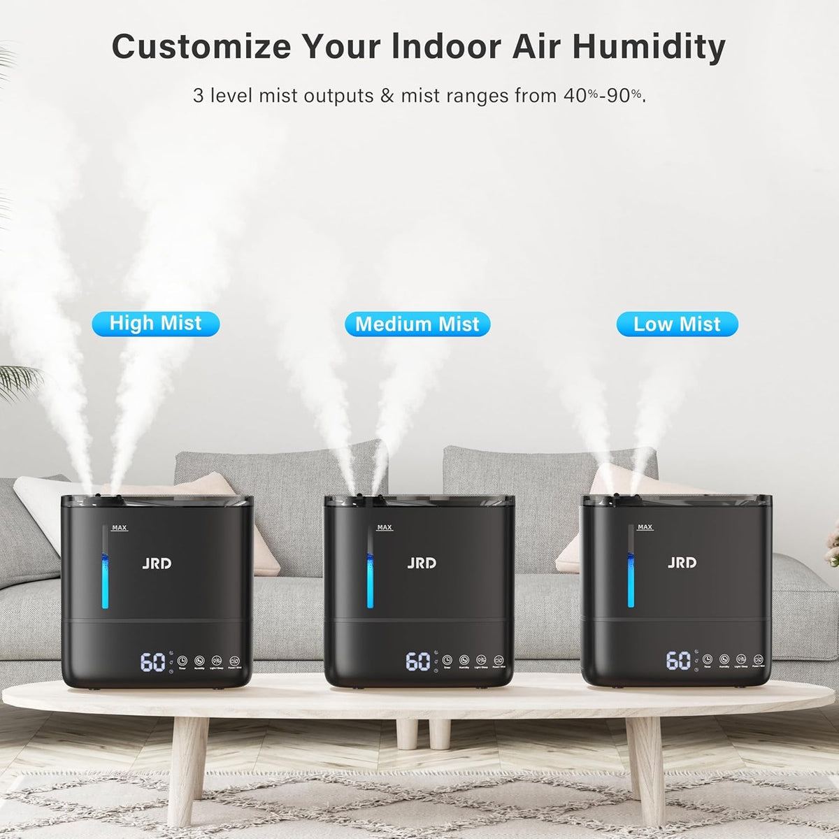 JRD Humidifiers for Bedroom, Ultrasonic Humidifier 4L for Large Room, Cool Mist Top-Fill, 40H Run, 12H Timer, 360° Nozzle, Aroma Diffuser, 7-Color Night Light for Home, Office, Baby, Pets, Plants