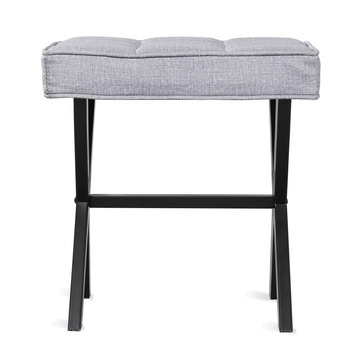 LUE BONA Vanity Stool - Square Linen Makeup Seat With Metal X Legs, Small Ottoman Chair for Makeup Room, Living Room, Bathroom - Modern Padded Foot Rest, Dark Gray