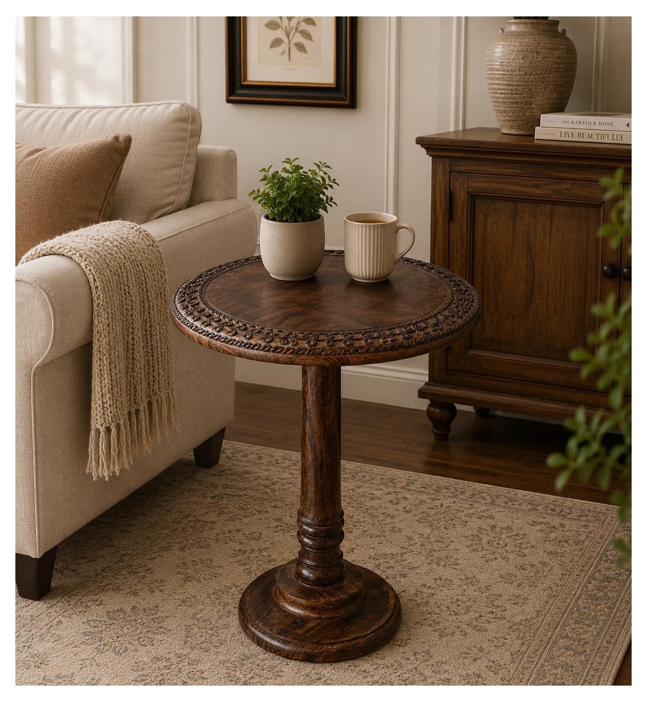 Farmhouse Side Tables for Living Room, Solid Wood End Tables Living Room, Small Round End Table, Rustic Coffee Table Accent, Wooden Side Table for Bedroom & Sofa Side, Burnt Finish
