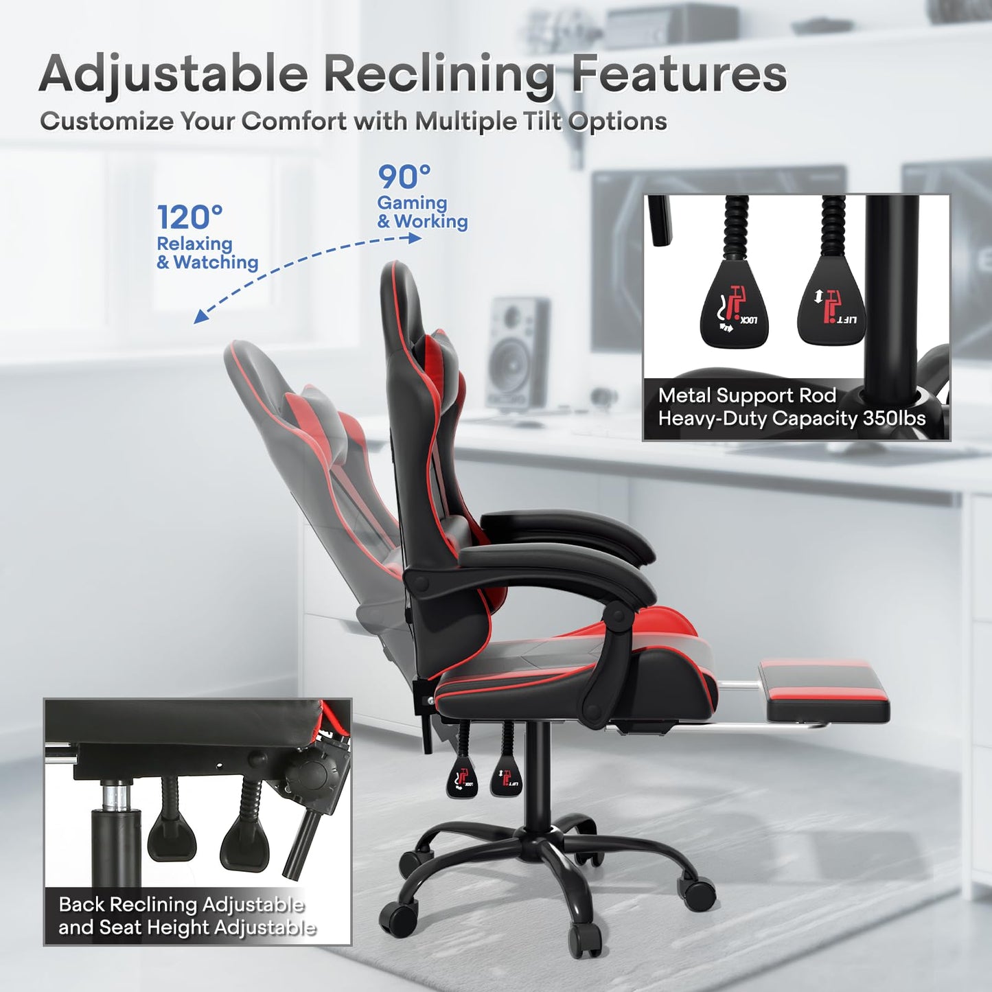 Athena Collection Ergonomic Gaming Chair with Footrest & Headrest Lumbar Support, Height Adjustable Swivel Office Chair Reclining Game Chair Leather High Back Computer Chair for Adults, Red