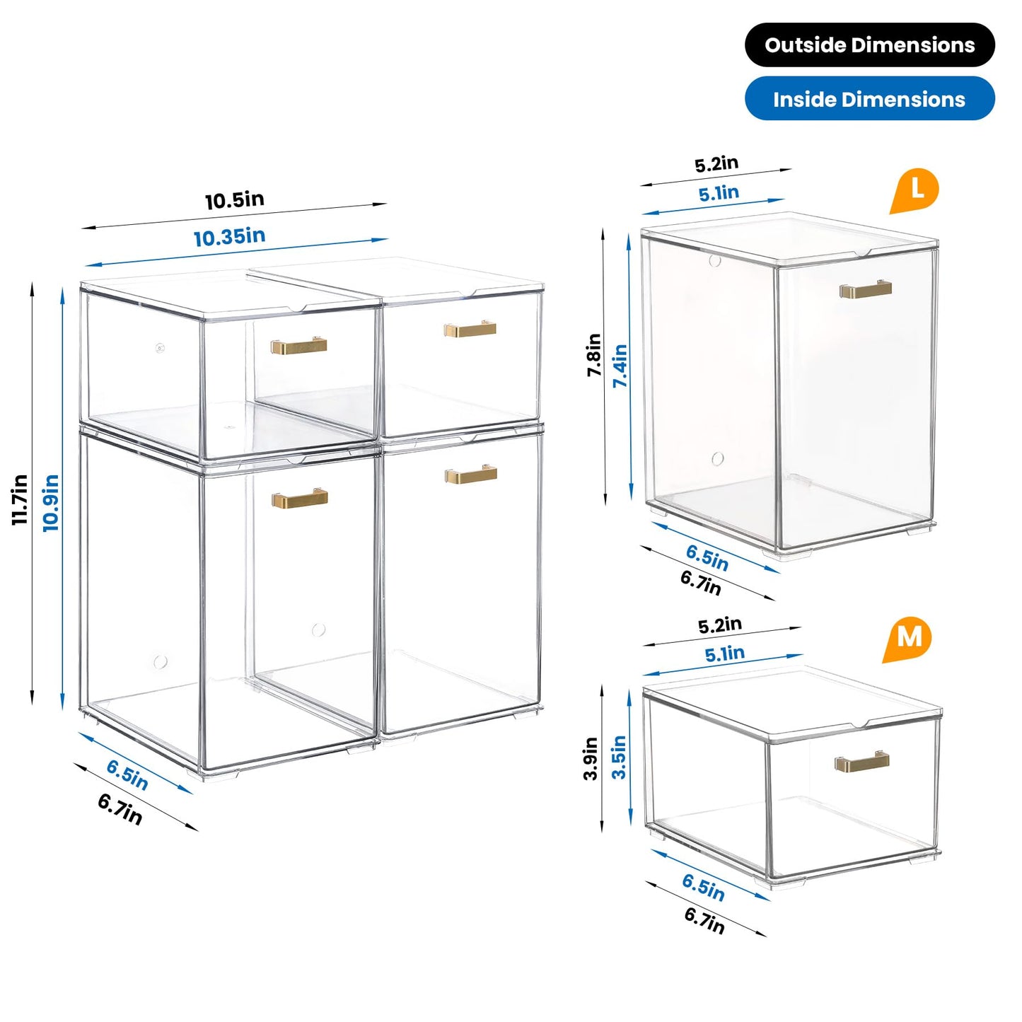 LALOBLUE Clear Stackable Drawer Organizer, 4 Pack Acrylic Storage Drawers with Pull-Out Design, Space-Saving Organizer for Bathroom, Vanity, Kitchen & Office