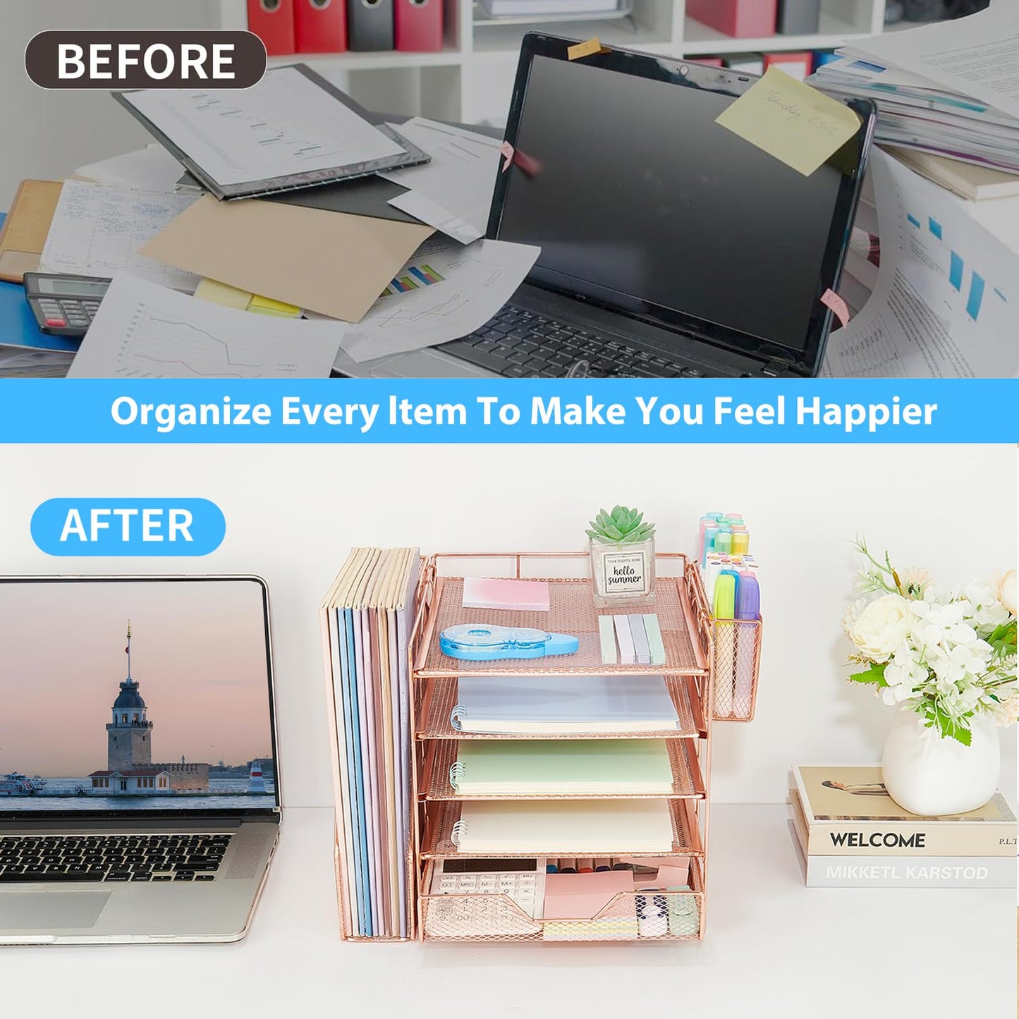 Gugsey Desk Organizers and Accessories, 5-Tier Paper Letter Tray Organizer with File Holder, Drawer & Pen Holder, Office Desk Accessories, Desktop Organizer for Classroom Office Supplies, Rose Gold