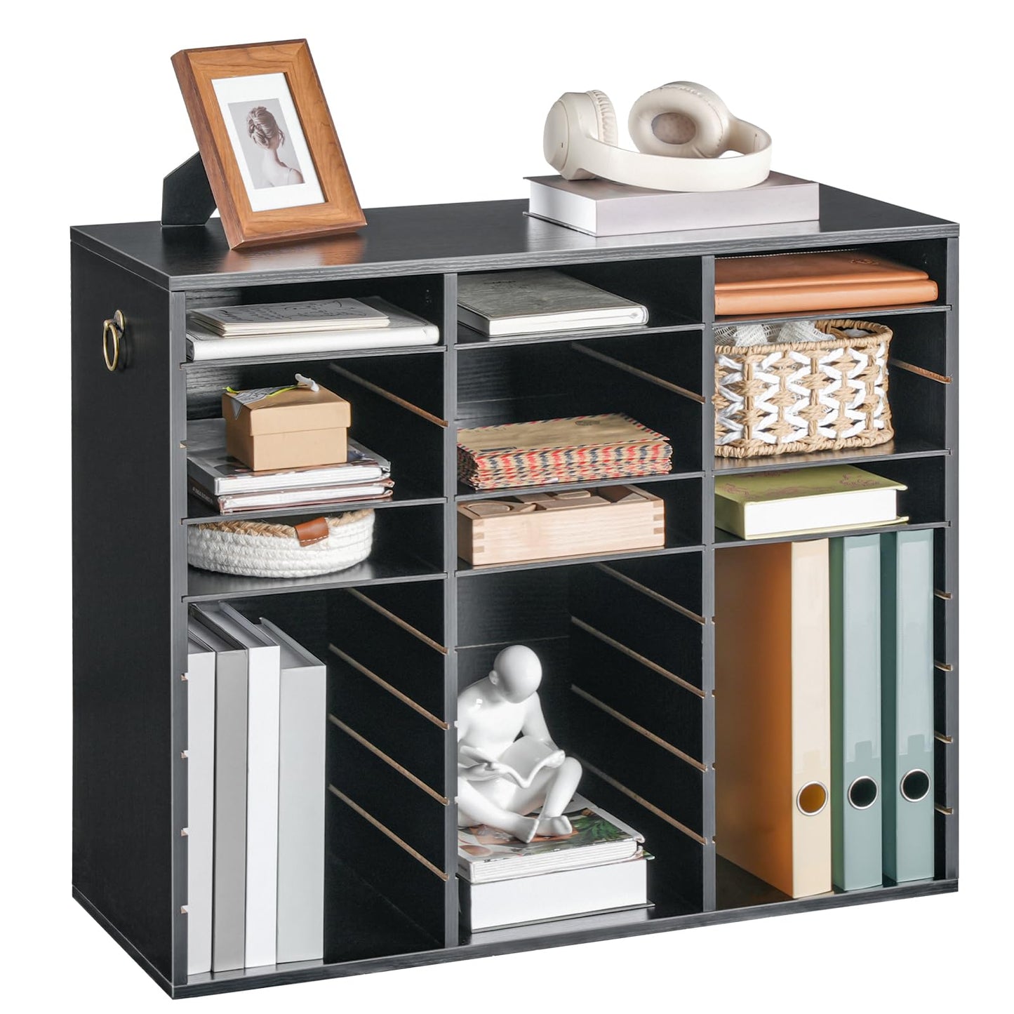 HOOBRO Literature Organizer, 27 Compartments Wooden Mail Organizer, Countertop Literature Sorter with Adjustable Shelves for Home, Office, School, Student Mailbox for Classroom, Black BK27WF01