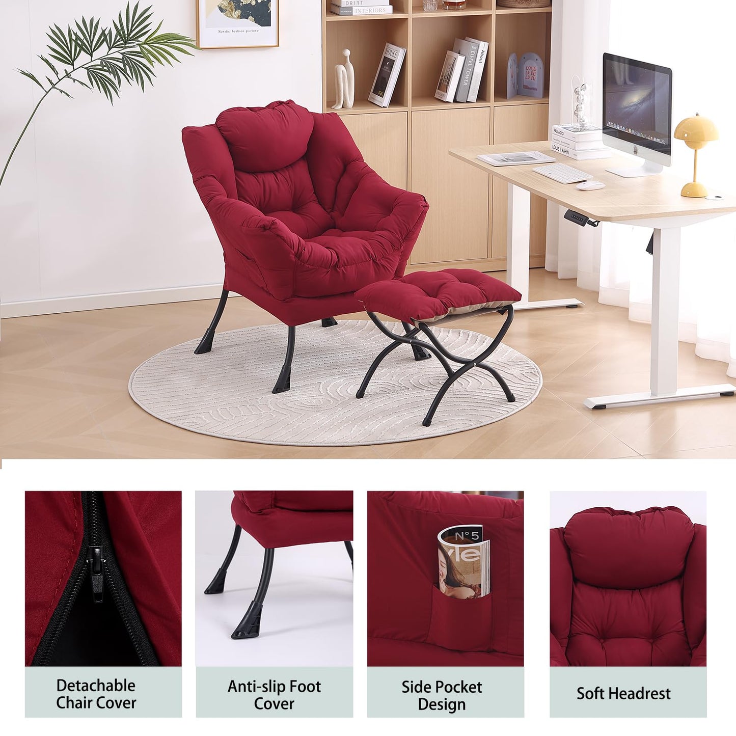 LITA Lazy Chair with Ottoman, Modern Accent Leisure Upholstered Sofa Chairs, Contemporary Lounge Reading Chairs with Armrests and a Side Pocket for Living Room, Bedroom & Small Space, Burgundy