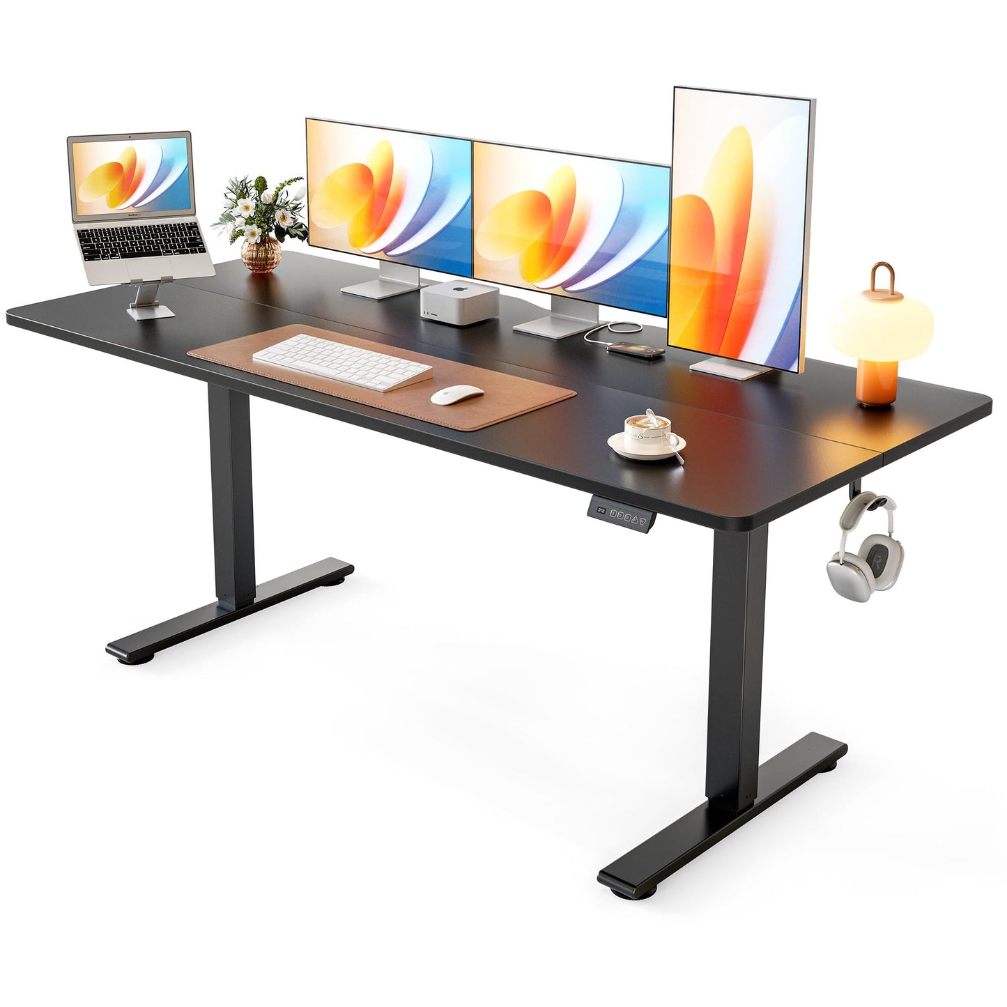 Cubiker Standing Desk, 63x28 Inches Sit Stand Home Office Desk, Electric Stand up Desk, Adjustable Desk with Splice Board, Black Frame/Black Top