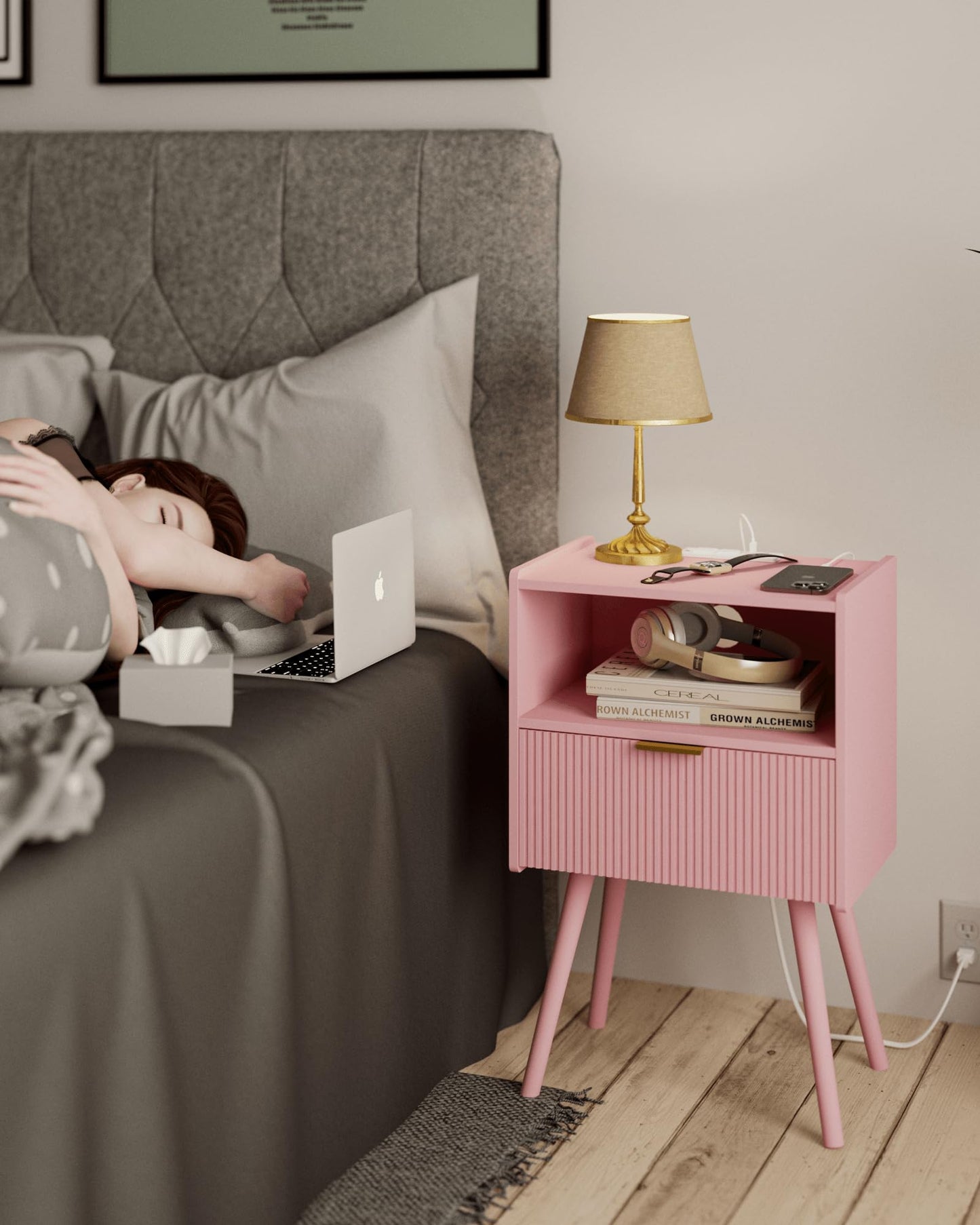 JOONEE Nightstand with Oultlet,Modern Bedside Table with Storage Drawer and Open Wood Shelf, for Living Room, Bedroom and Small Spaces, Accent Night Stand with Solid Wood Legs, Easy Assembly,Pink
