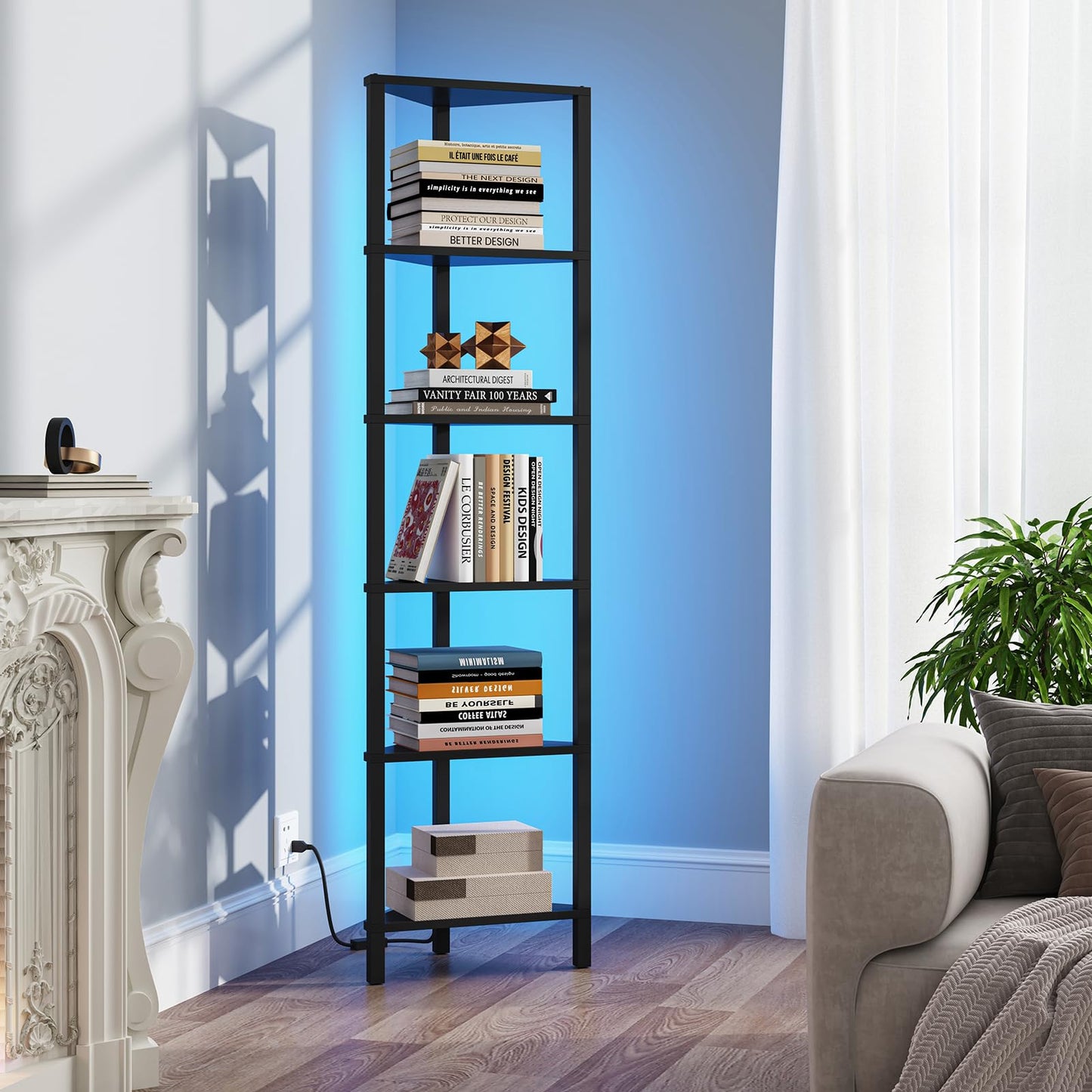 TUTOTAK Corner Shelf with LED Light, 6-Tier Corner Bookshelf for Small Space, Narrow Display Corner Shelf Stand with Storage Rack, for Living Room, Bedroom, Black BS05BK006L
