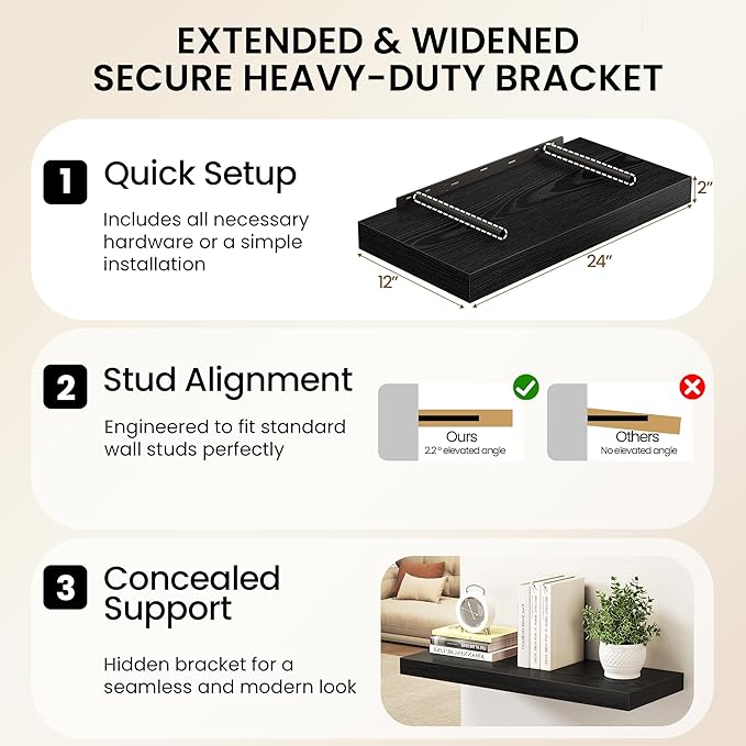 Black Floating Shelves 55Inch Long, 12 Inch Deep Floating Shelves