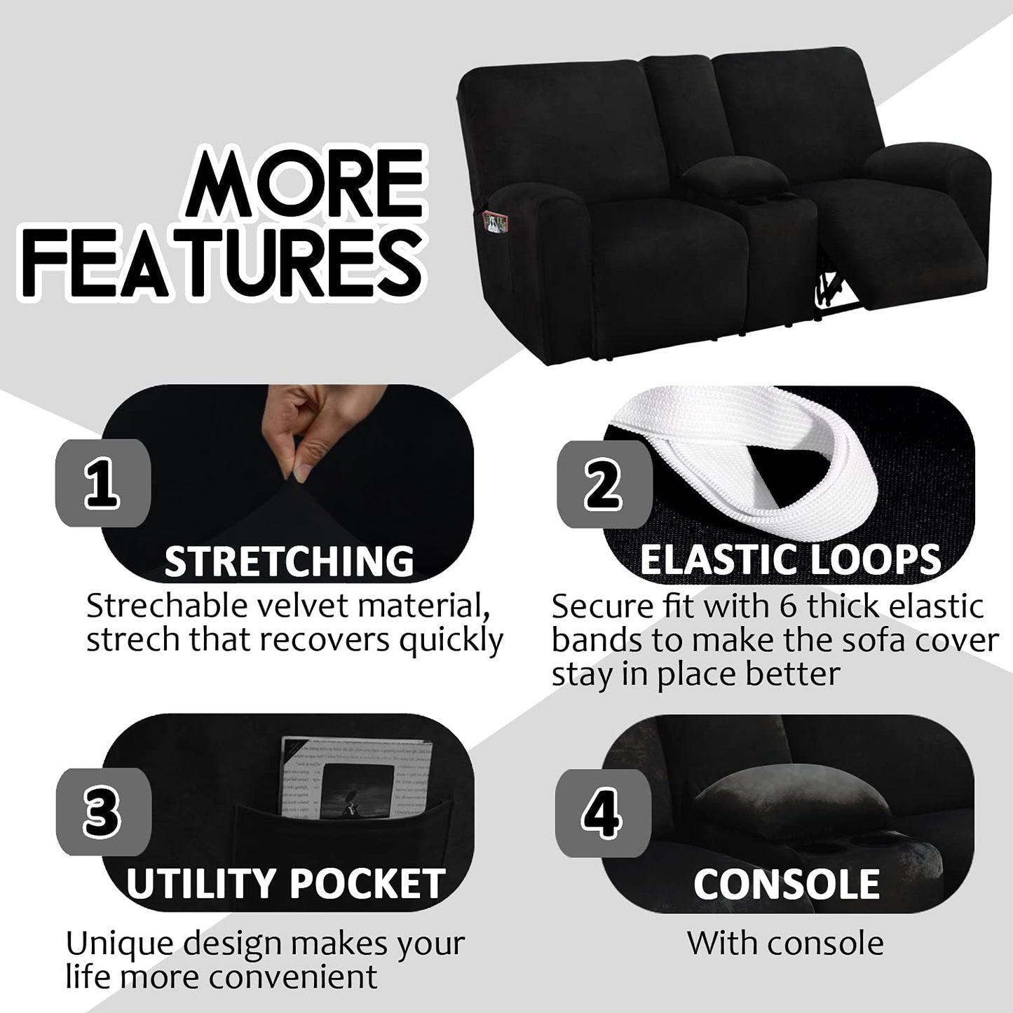 ULTICOR Reclining Loveseat with Middle Console Slipcover, 8-Piece Velvet Stretch Loveseat Reclining Sofa Covers, 2 Thick, Soft, Washable, Covers ONLY (Black)